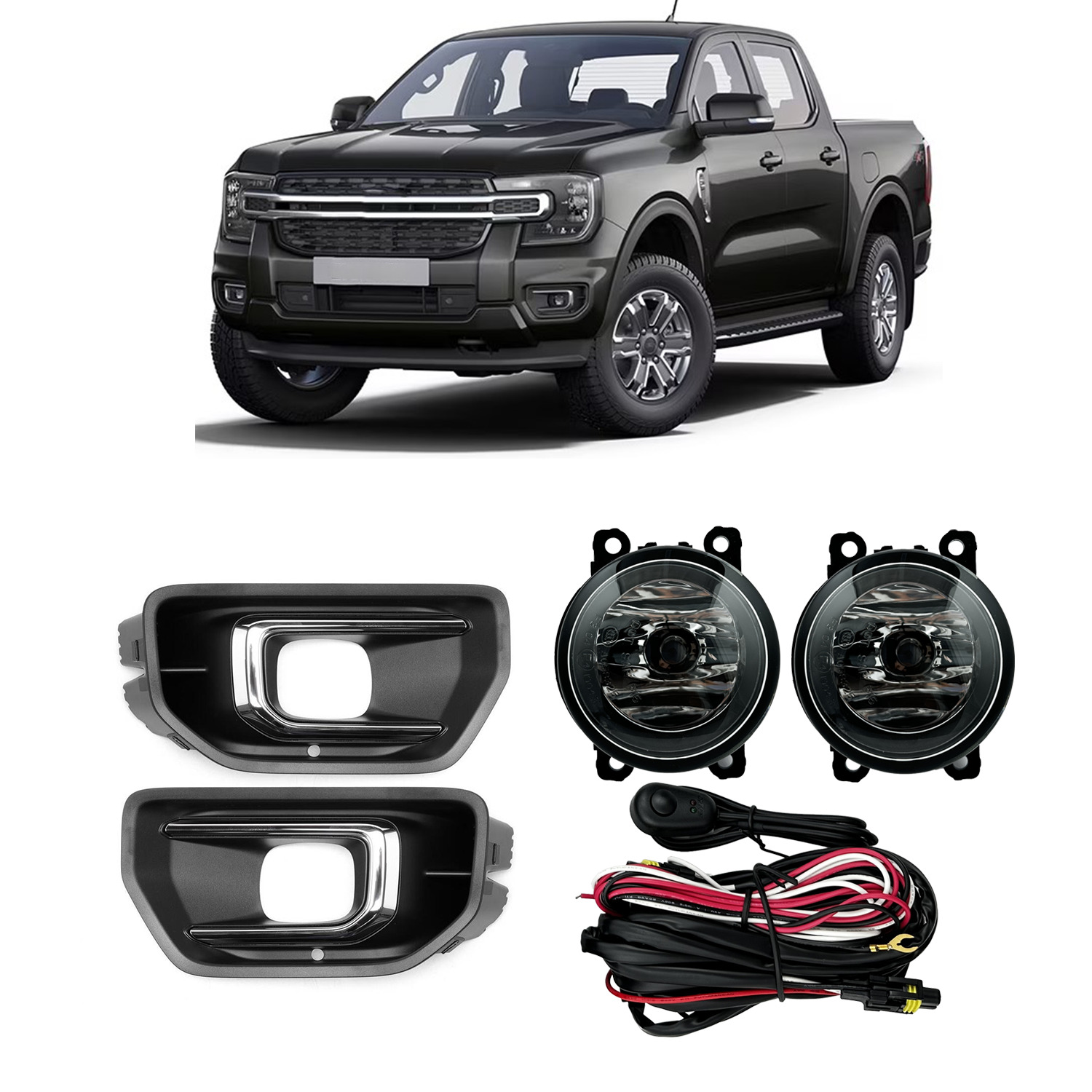 For 2022-2024 Ford Ranger XLT Fog Light Pair Set w/ Bezel, Harness Switch-Chrome