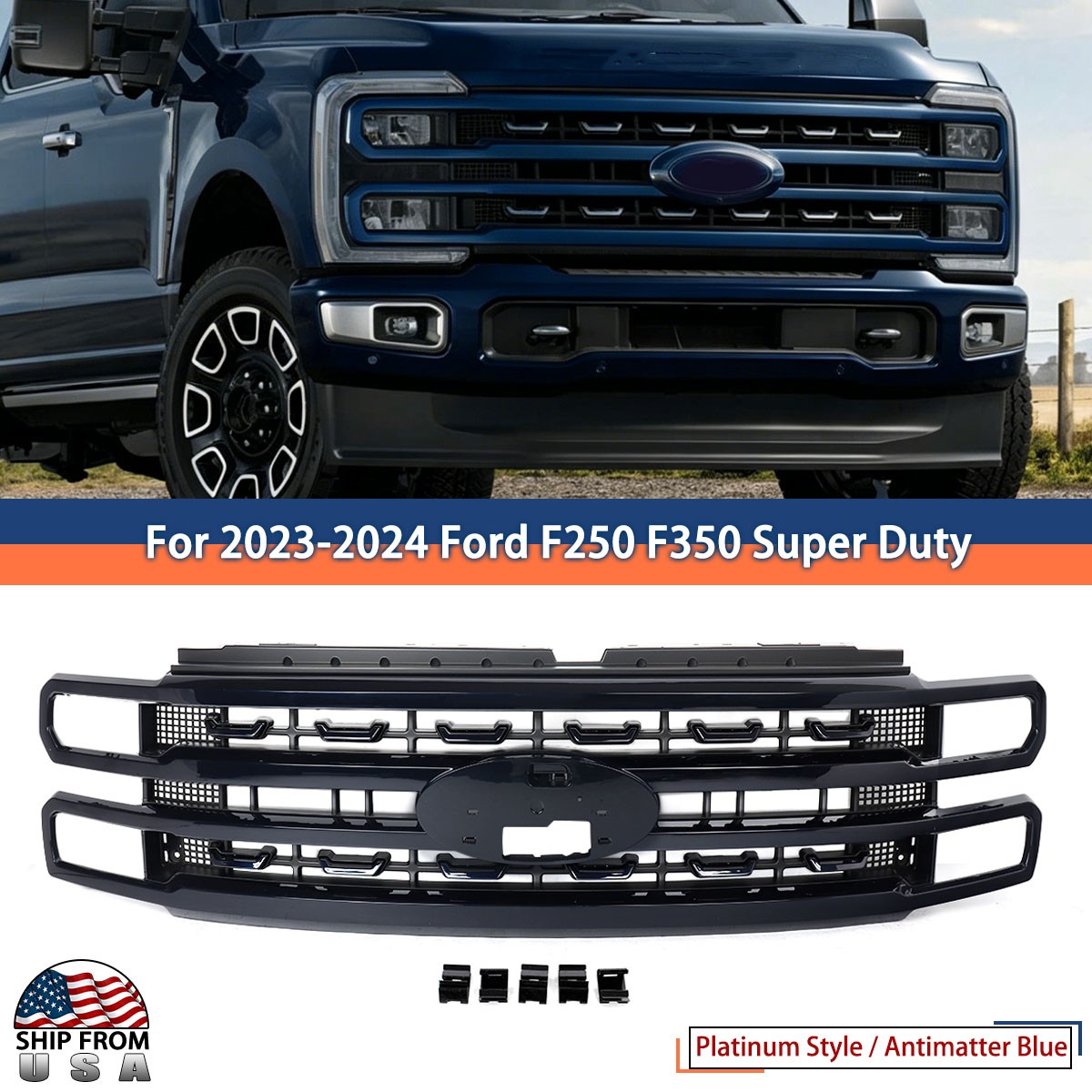 Antimatter Blue Front Bumper Grille For 2023-2024 Ford F-250 F-350 Super Duty