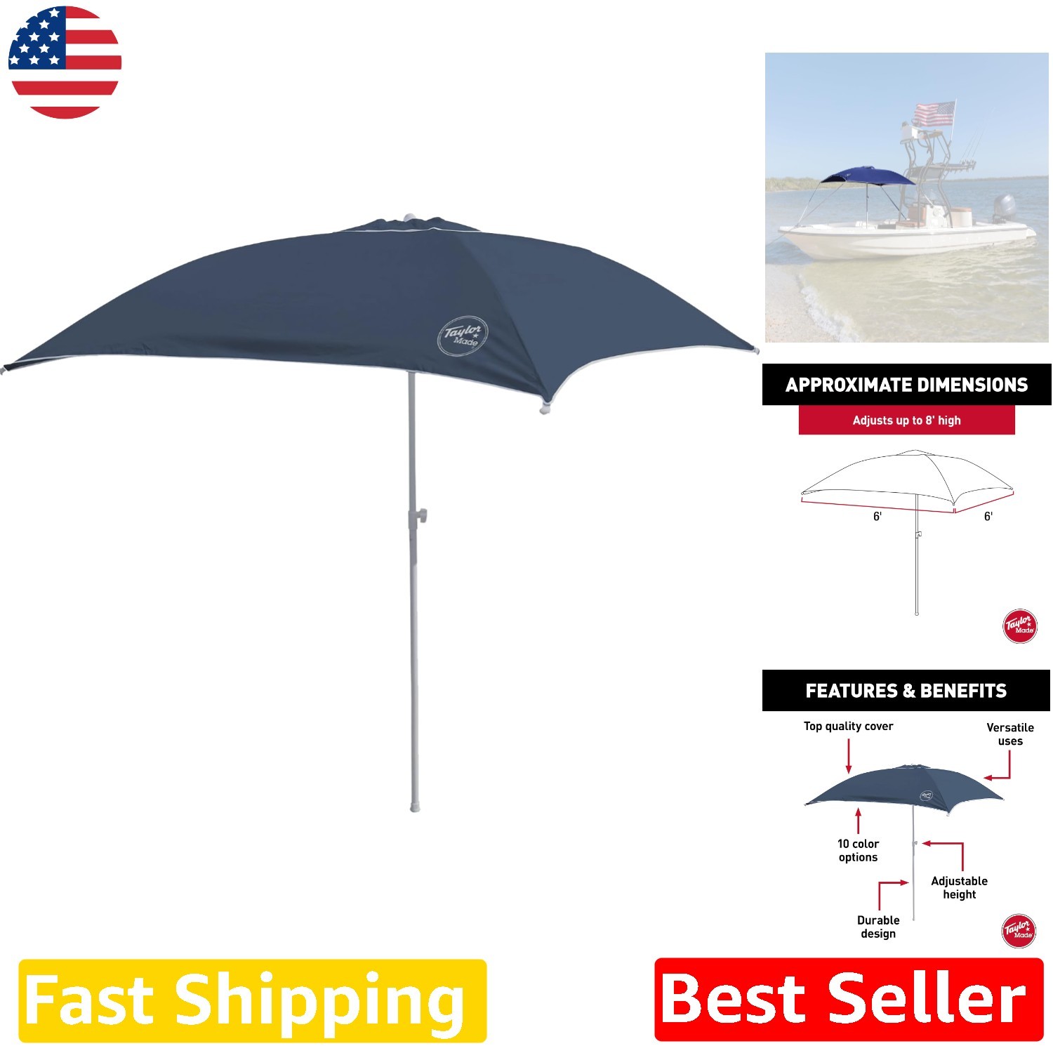 Taylor Made Boat Shade 6\'x6\' Navy UV Resistant Aluminum Frame