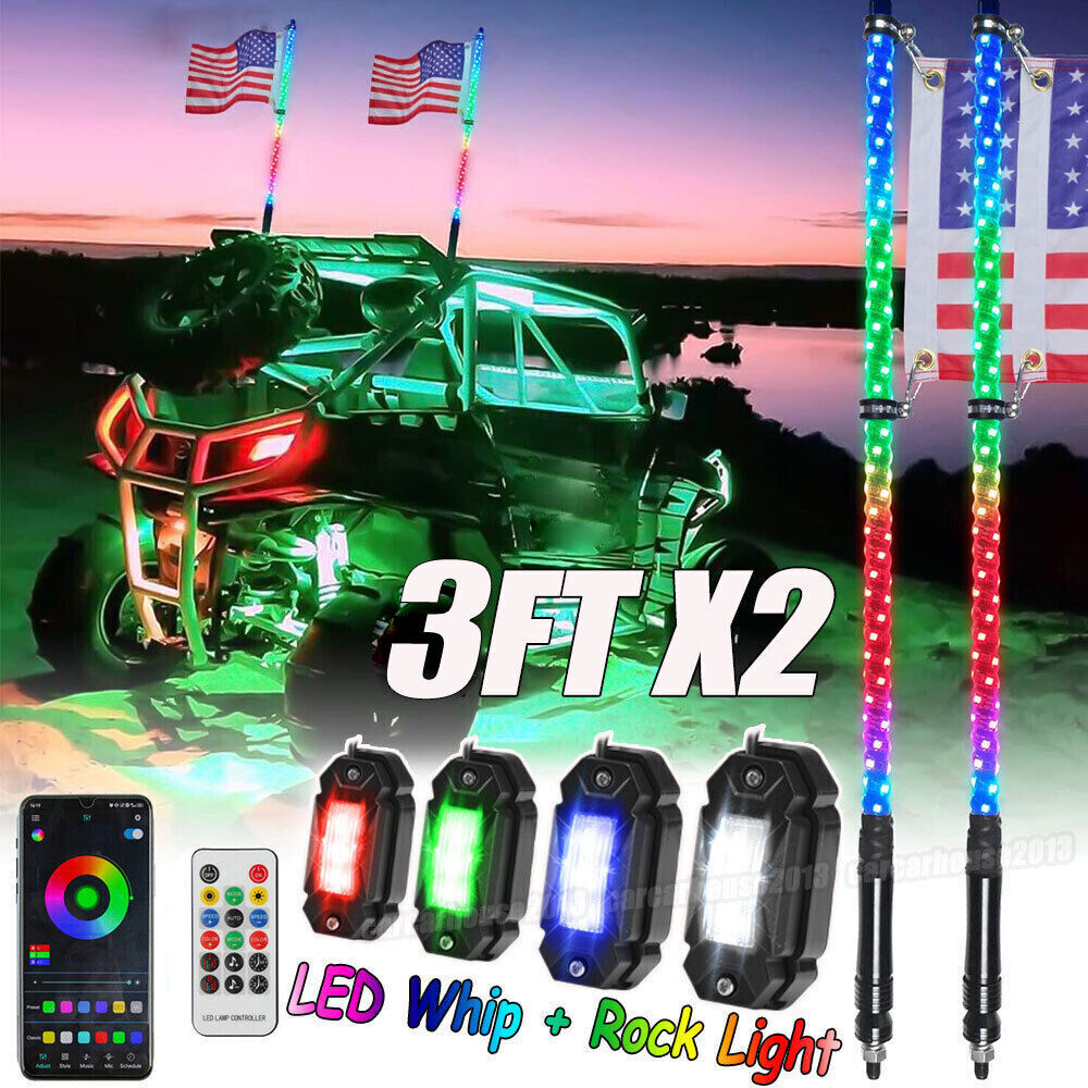 4 Pods RGB Rock Lights UTV RZR + 2X 3ft Lighted Spiral LED Whip Antenna w/Flag