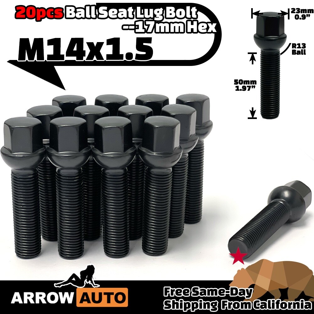 20x Black 14x1.5 Lug Bolt 50mm Fit Mercedes AMG Model StockRim W/ 3-8mmSpacer