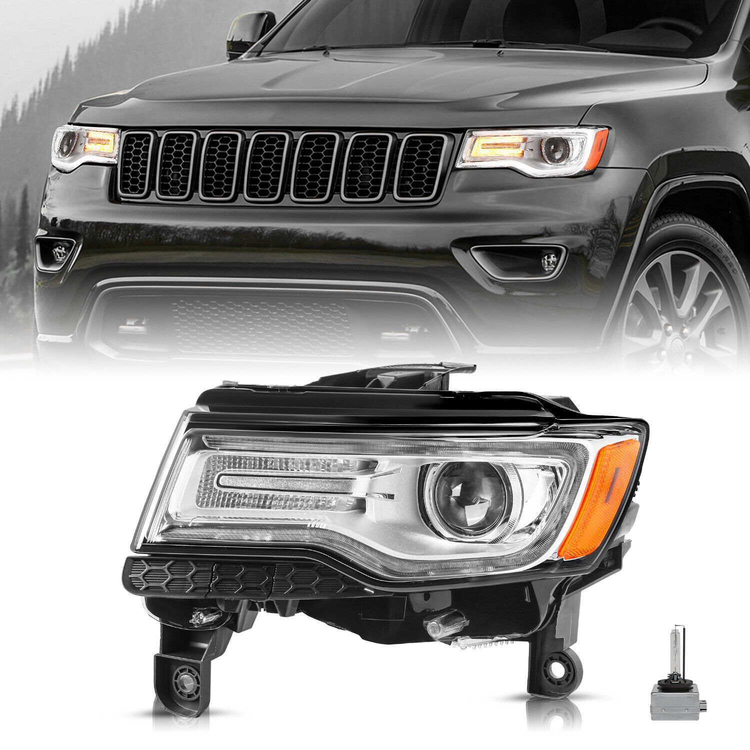 For 2014-2021 Jeep Grand Cherokee Chrome HID Headlight w/BALLAST&BULBS Lamp LH