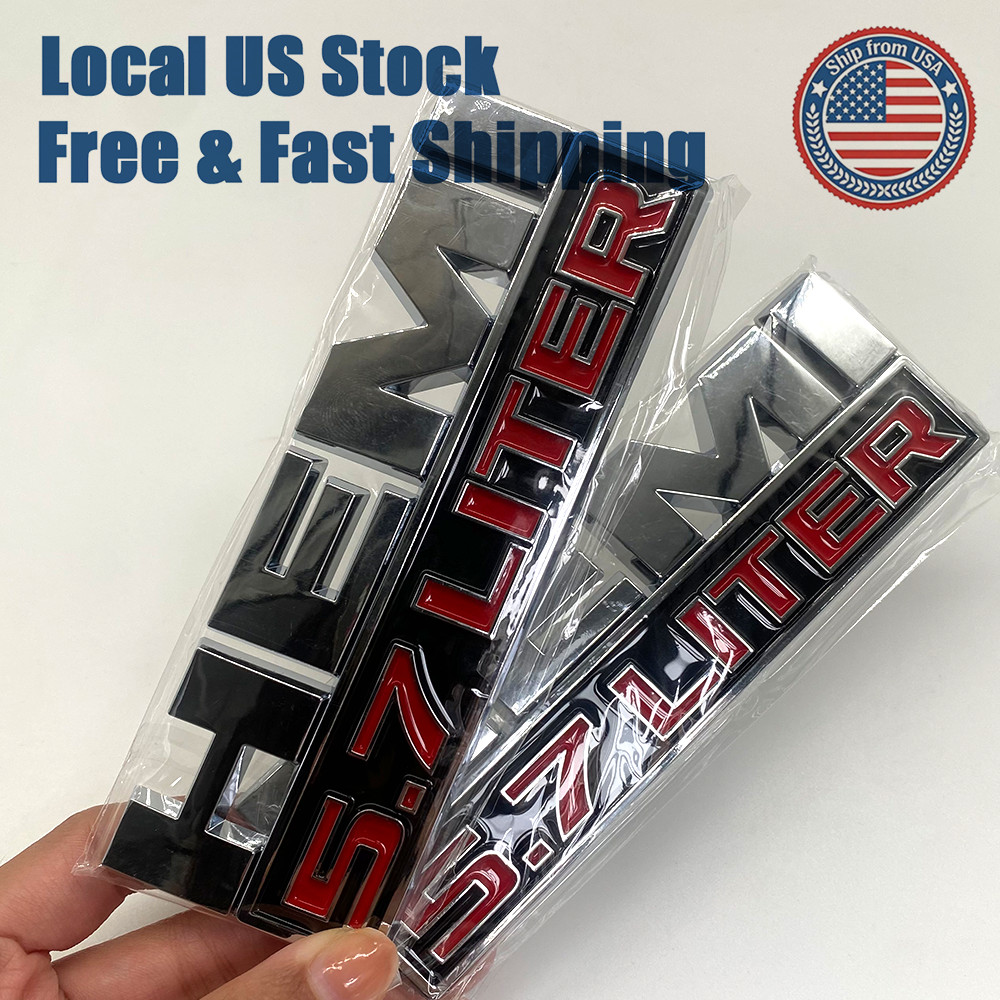 2PCS For RAM 1500 Hemi 5.7 LITER Side Fender Emblem 3D Decal Chrome Red Badge