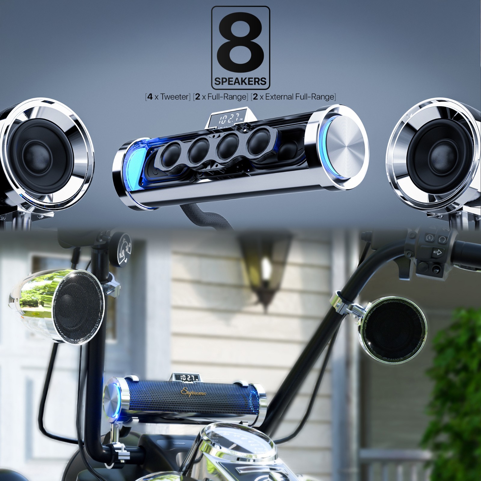 Waterproof Bluetooth Motorcycle Stereo 8 Speaker Soundbar Audio System USB Radio