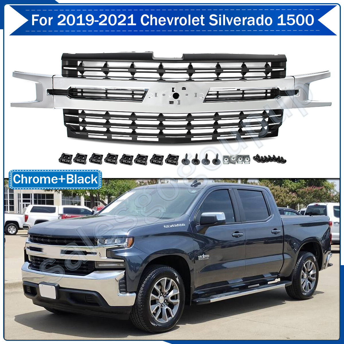 Chrome+Black For 2019-2022 Silverado 1500 LTZ Style Front Bumper Upper Grille US