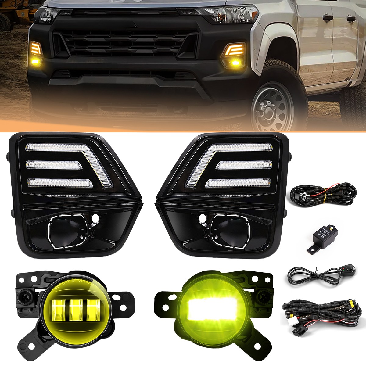 For 2023-2026 Chevrolet Colorado LED DRL Yellow Fog Light Kit Driving Lamps