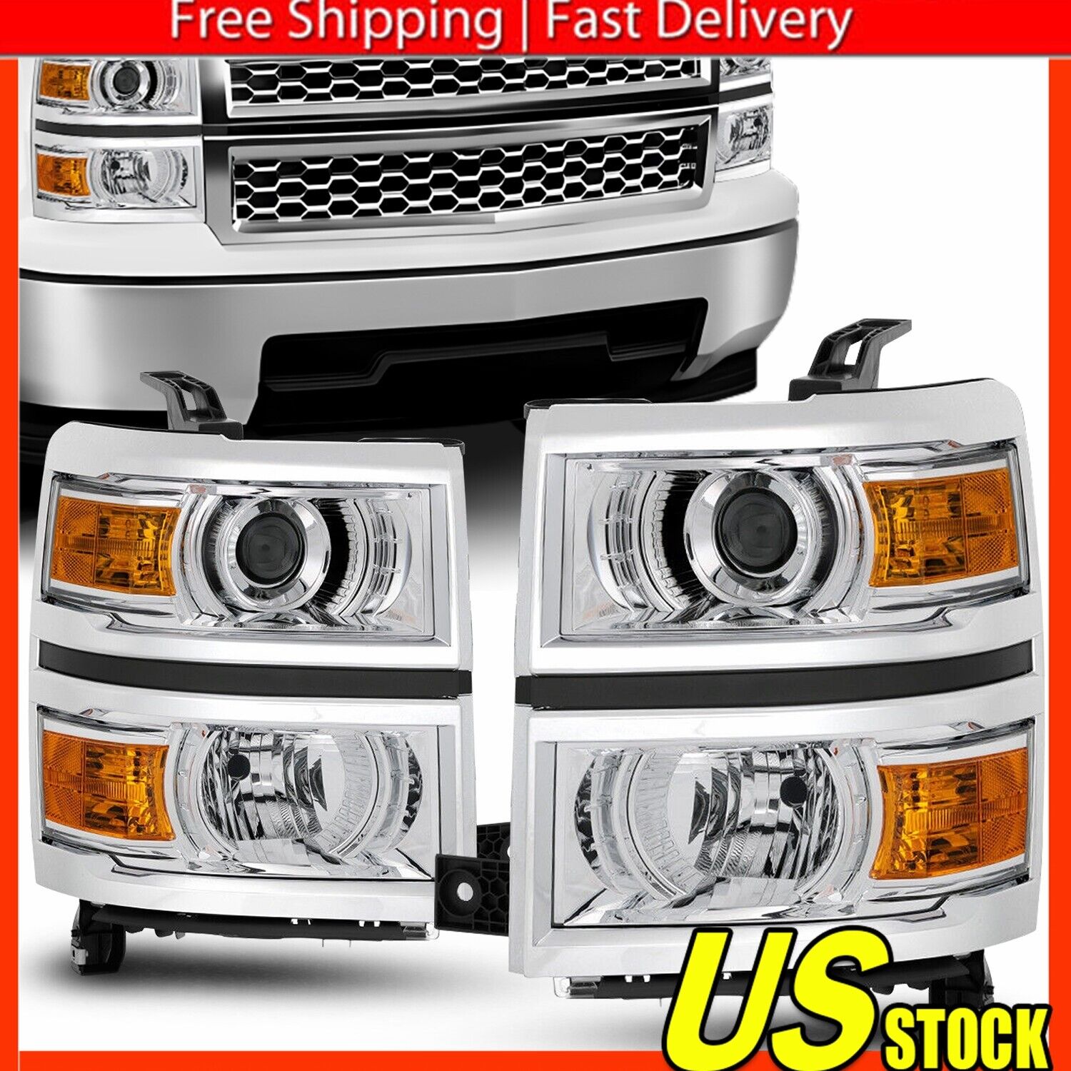 Pair For 2014-15 Chevy Silverado 1500 Projector Headlight Assembly Chrome EOOH G