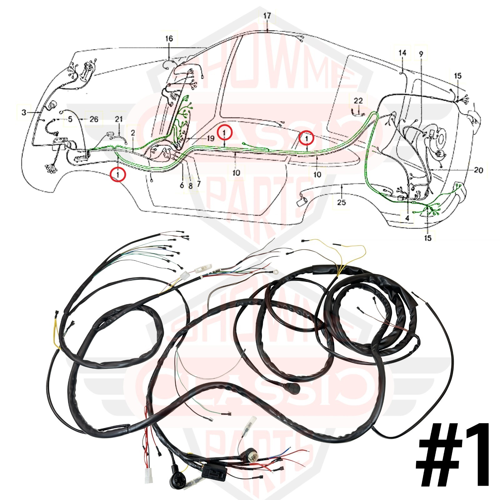 Tunnel Cable Wiring Harness for 1974-1975 74-75 Porsche 911 LHD Only 91161200126