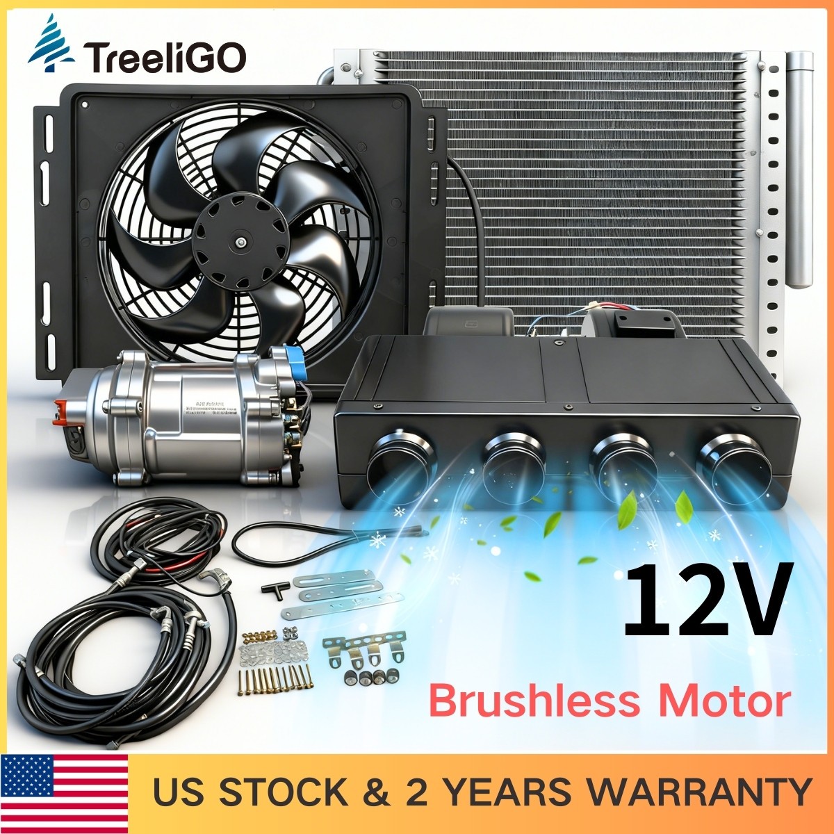12V Air Conditioner Underdash Car Electric A/C Kit Brushless Motor Fan Heat&Cool