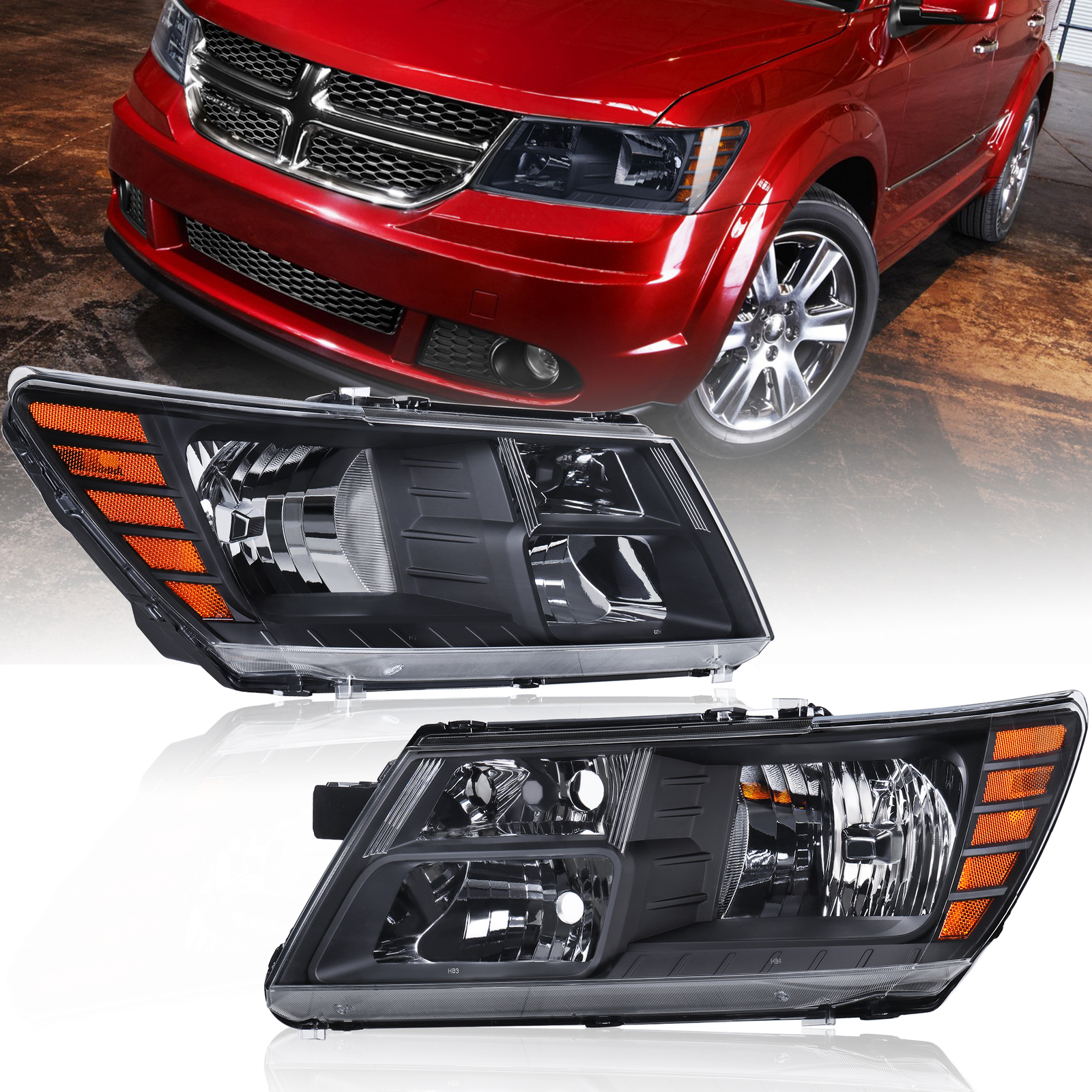 2PCS Headlights Headlamps Left+Right For 2009-2020 Dodge Journey Black Trim