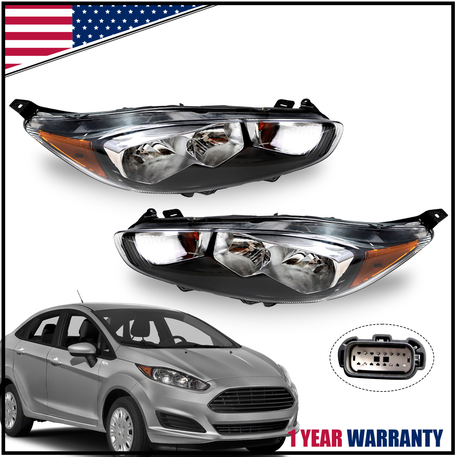 For 2014-2019 Ford Fiesta Headlights Headlamp Pair Left+Right Black