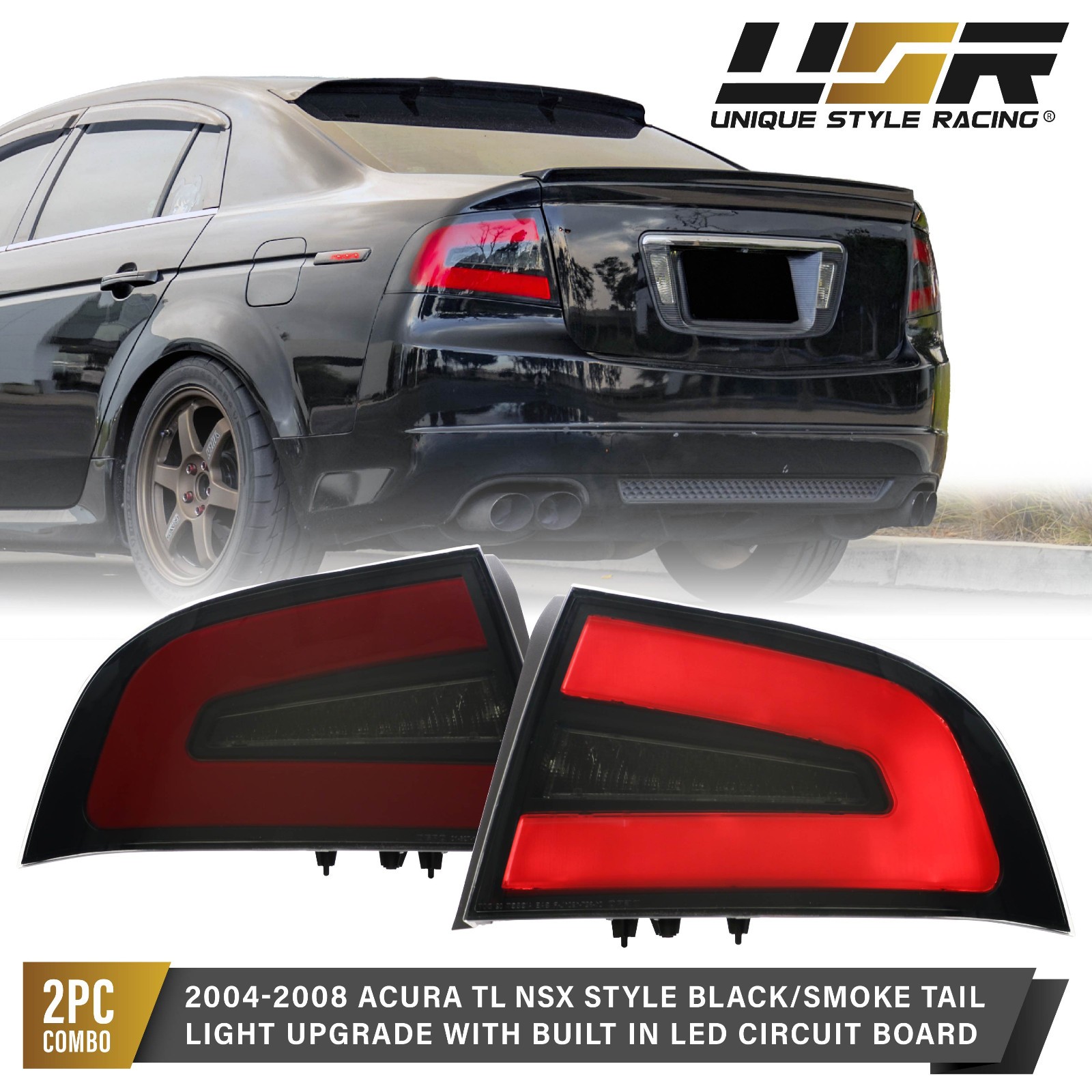 NSX Style Black/Smoke Type-S LED Light Bar Tail Light For 2004-08 Acura TL 3G