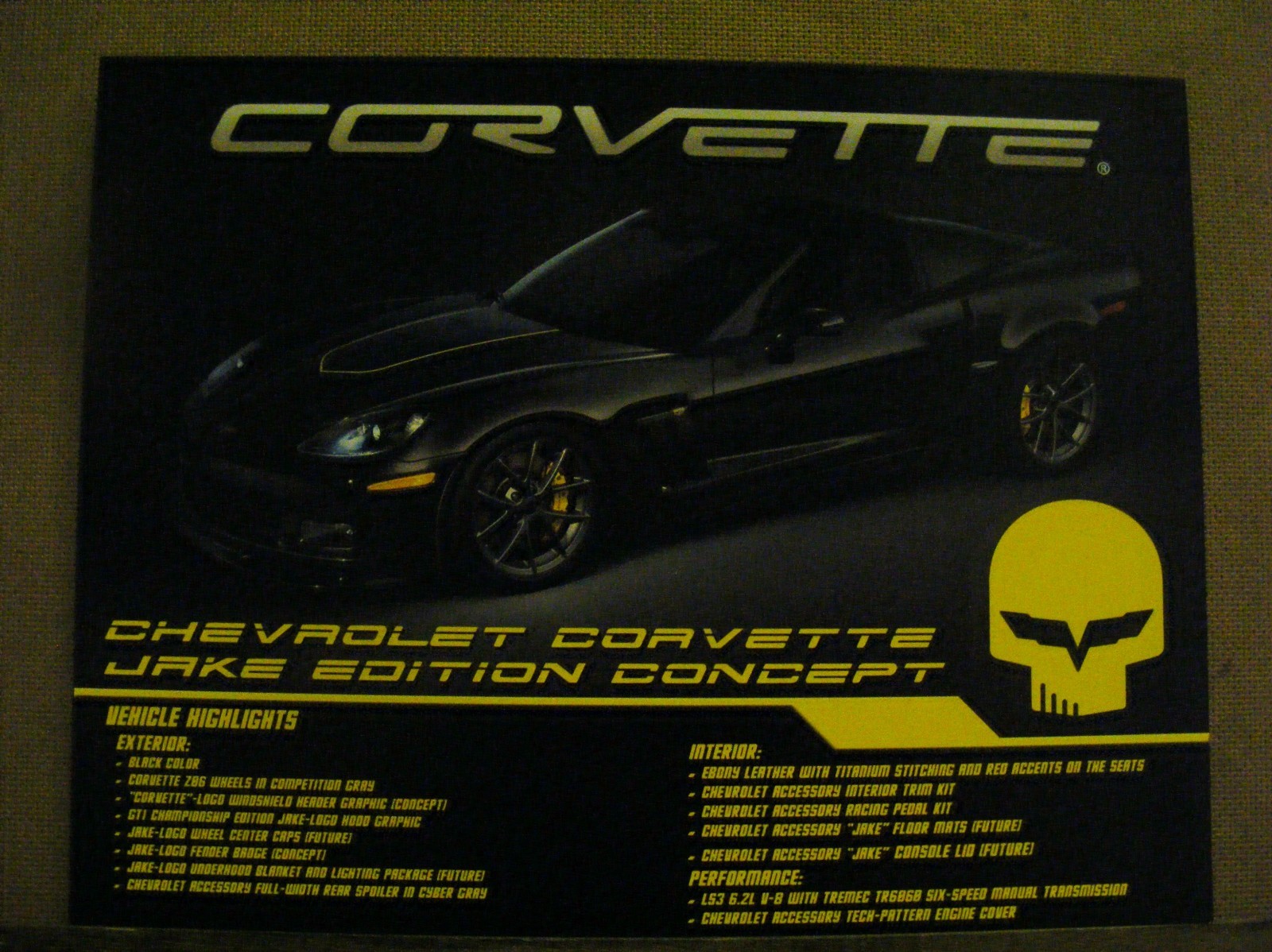 2011 Chevrolet Corvette JAKE Edition Concept Dealership Specification Card New