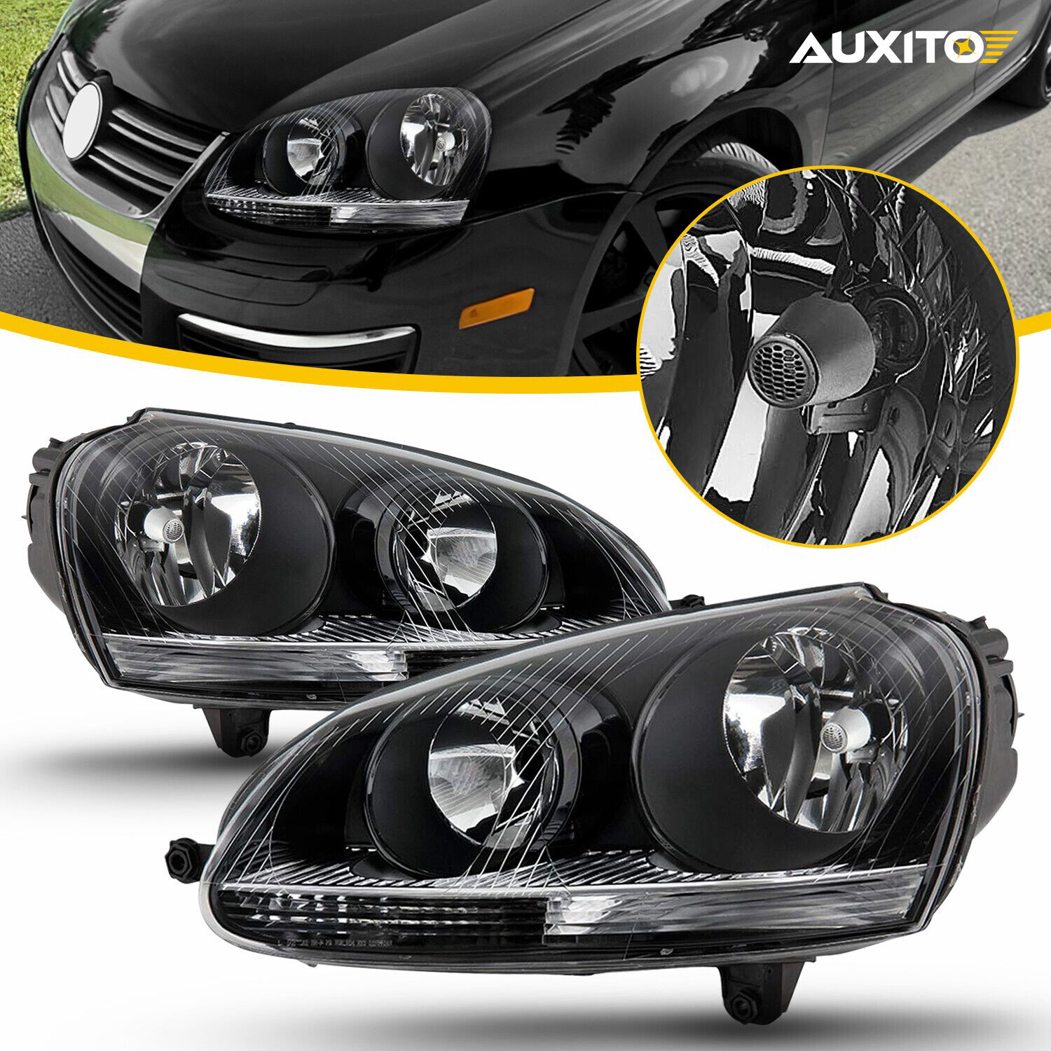 For VW 05-10 Golf Mk5 Jetta Rabbit Replacement Black Clear Headlights Head Lamps
