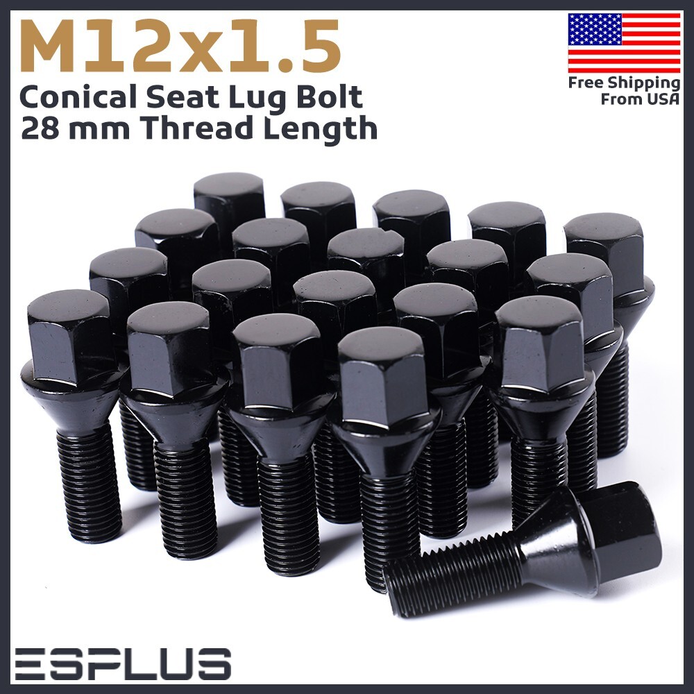 16 Pc Lug Bolt M12x1.5 Black 28mmShank fit Nissan/Renault/SMART 4-Lug Models