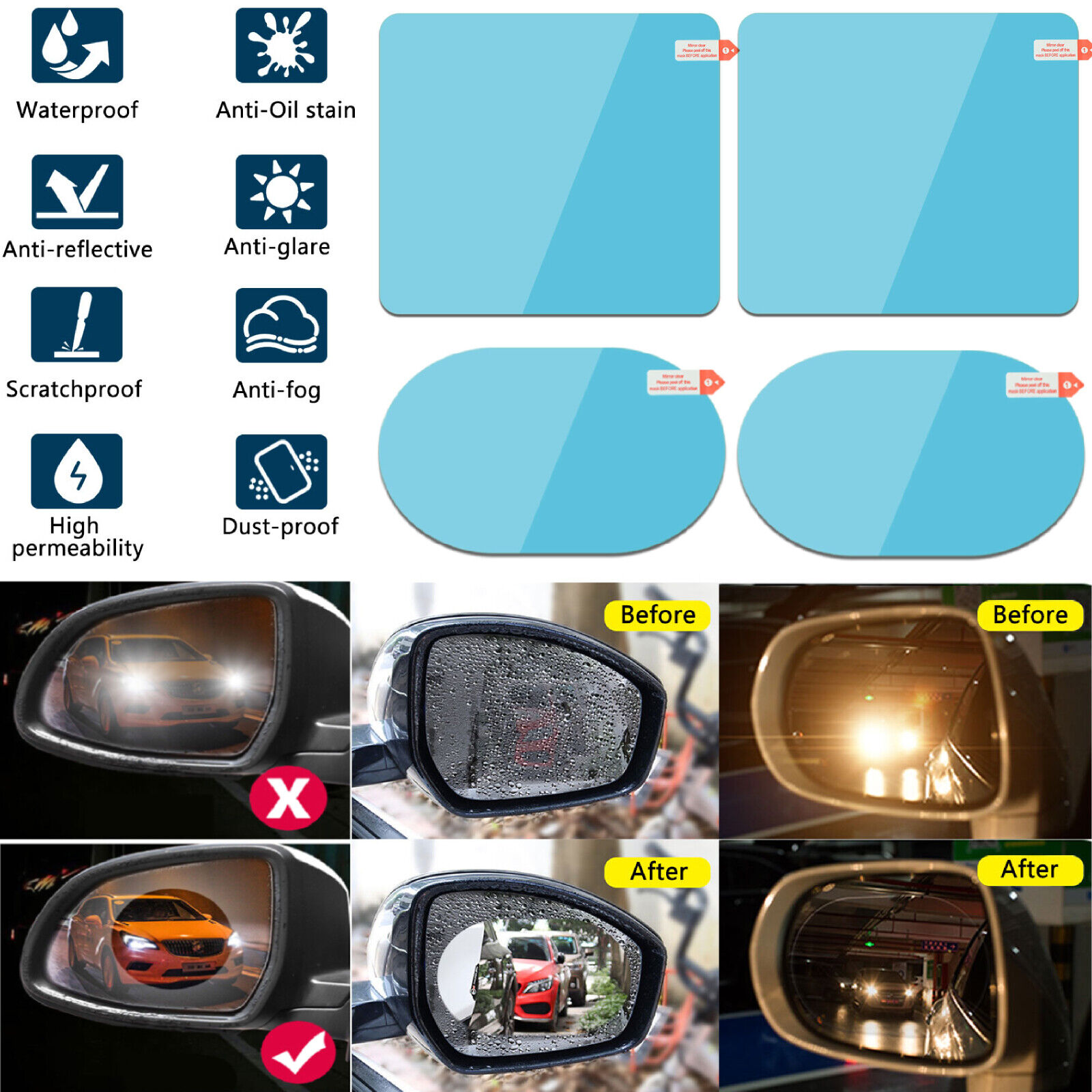 4x Waterproof For Car Rearview Mirror Rainproof Anti-fog Protective Film Sticker
