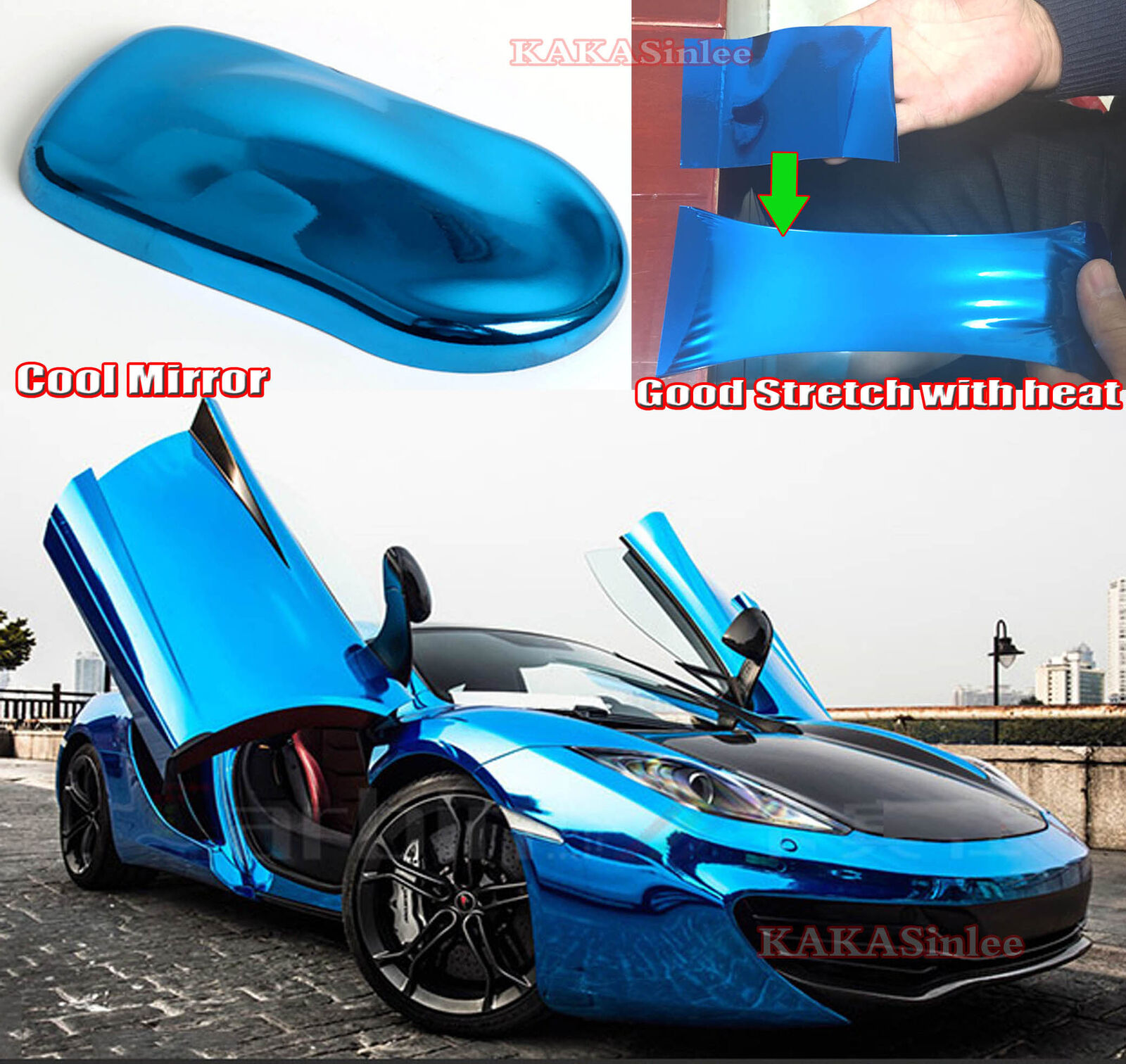 50FT Blue Stretchable Entire Car Mirror Chrome Vinyl Wrap Sticker Air Release AX
