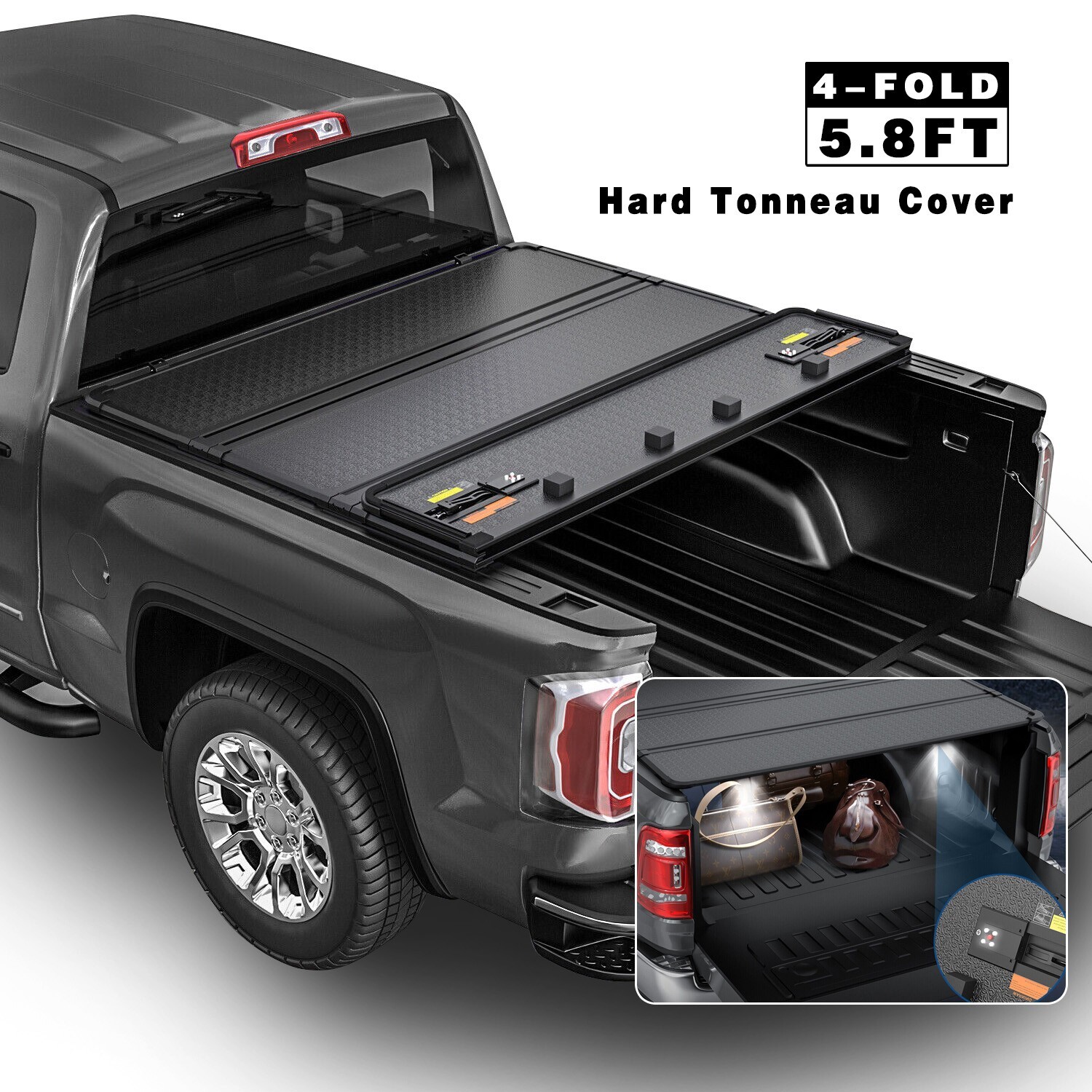 5.7/5.8FT 4-Fold Hard Tonneau Cover For 2009-2026 Ram 1500 Truck Bed w/ LED Lamp