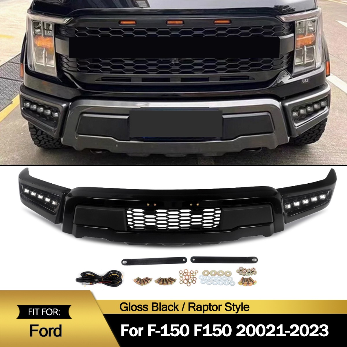 Front Bumper Steel Black Raptor Style W/LED Lights For 2021-2023 Ford F150 F-150