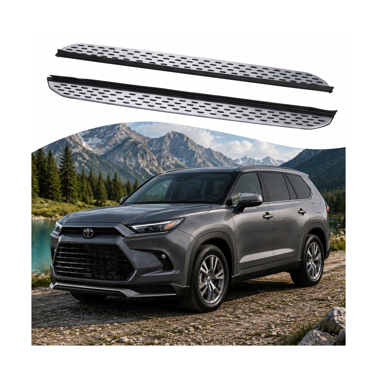 2X Silver Side Steps Nerf Bars Running Board For Grand Highlander 2024-2026 2X Silver Side Steps Nerf Bars Running Board For Grand Highlander 2024-2026