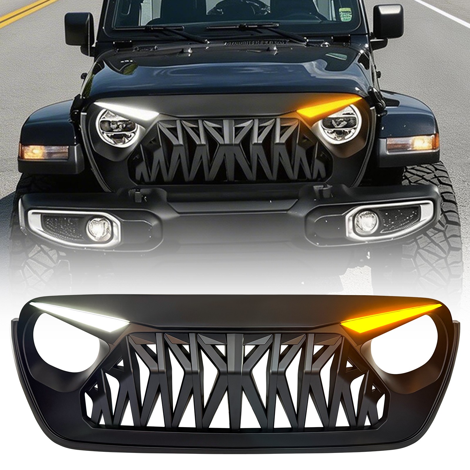 Front Shark Grille w/Eyebrow DRL & Turn Lights For 18-24 Jeep Wrangler JL JLU JT
