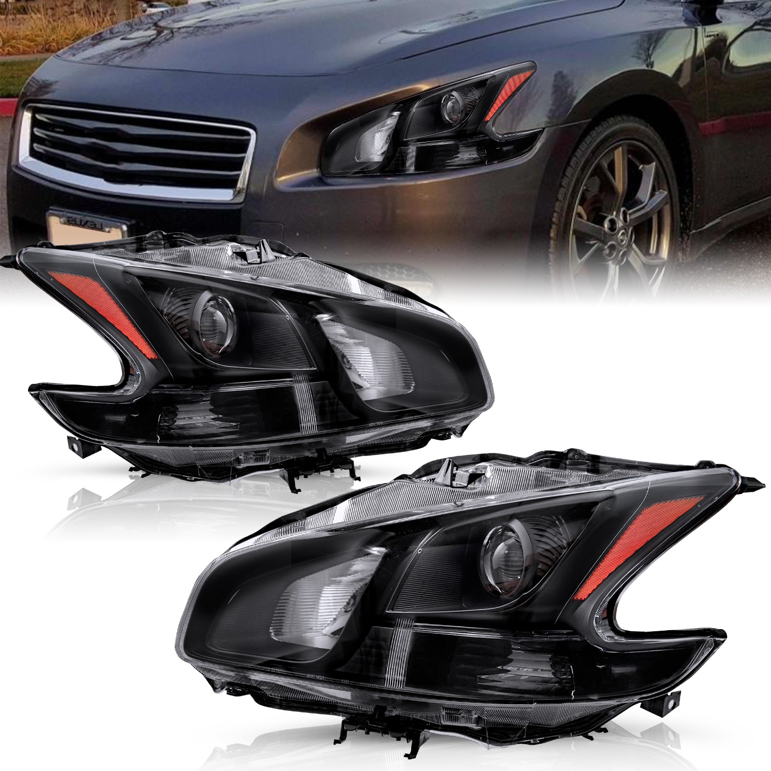 For 2009-2014 Nissan Maxima Sedan Black Headlights Assembly Headlamps Left+Right