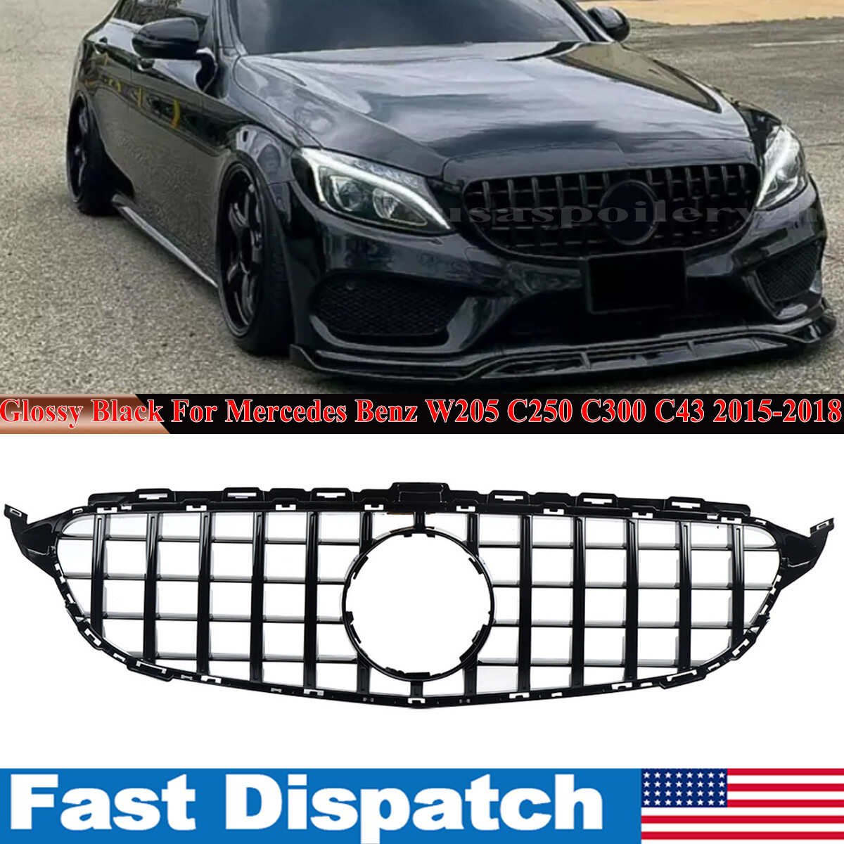 For Mercedes Benz W205 C250 C300 C43 2015-2018 GTR Look Front Grill Grille Black