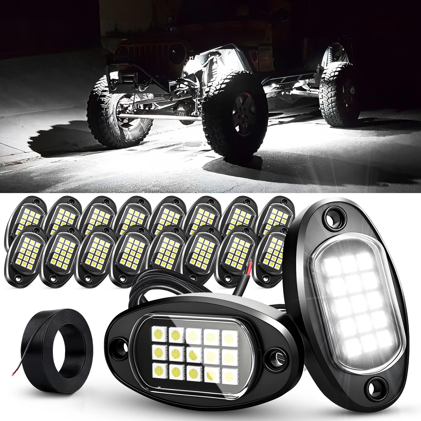16x Pure White LED Rock Light Offroad Under Car Truck Waterproof Underbody Light