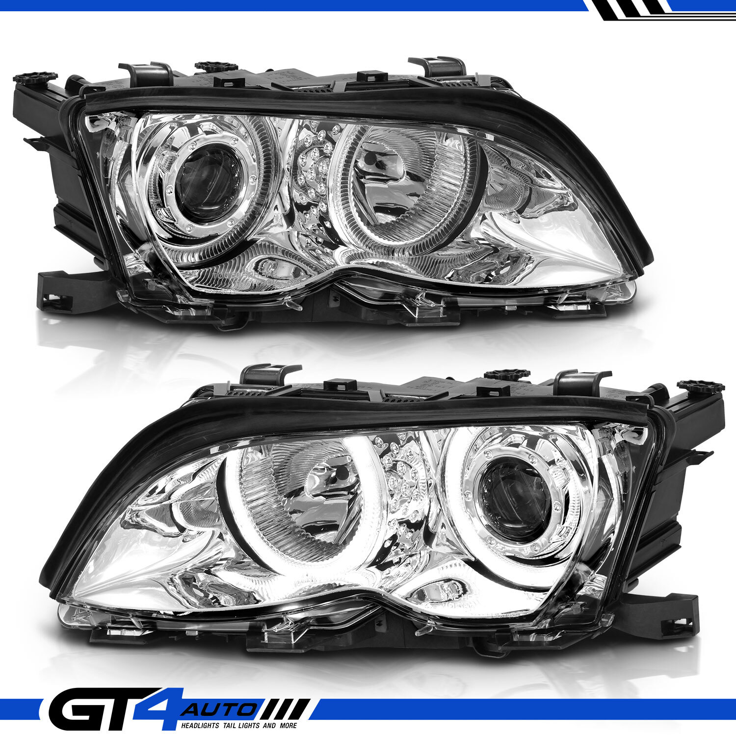 02-05 BMW E46 3-Series 4 Door Dual LED Halo Projector Chrome Headlights Pair