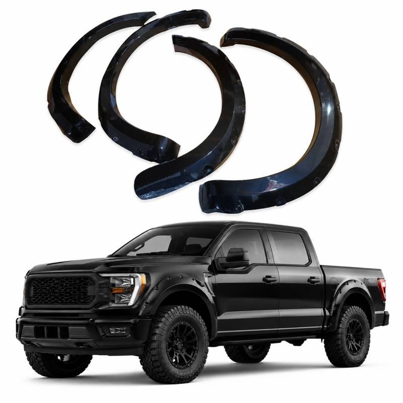 Black Horse Fender Flares Riveted Style Shiny Black Fits 2021-2024 Ford F-150