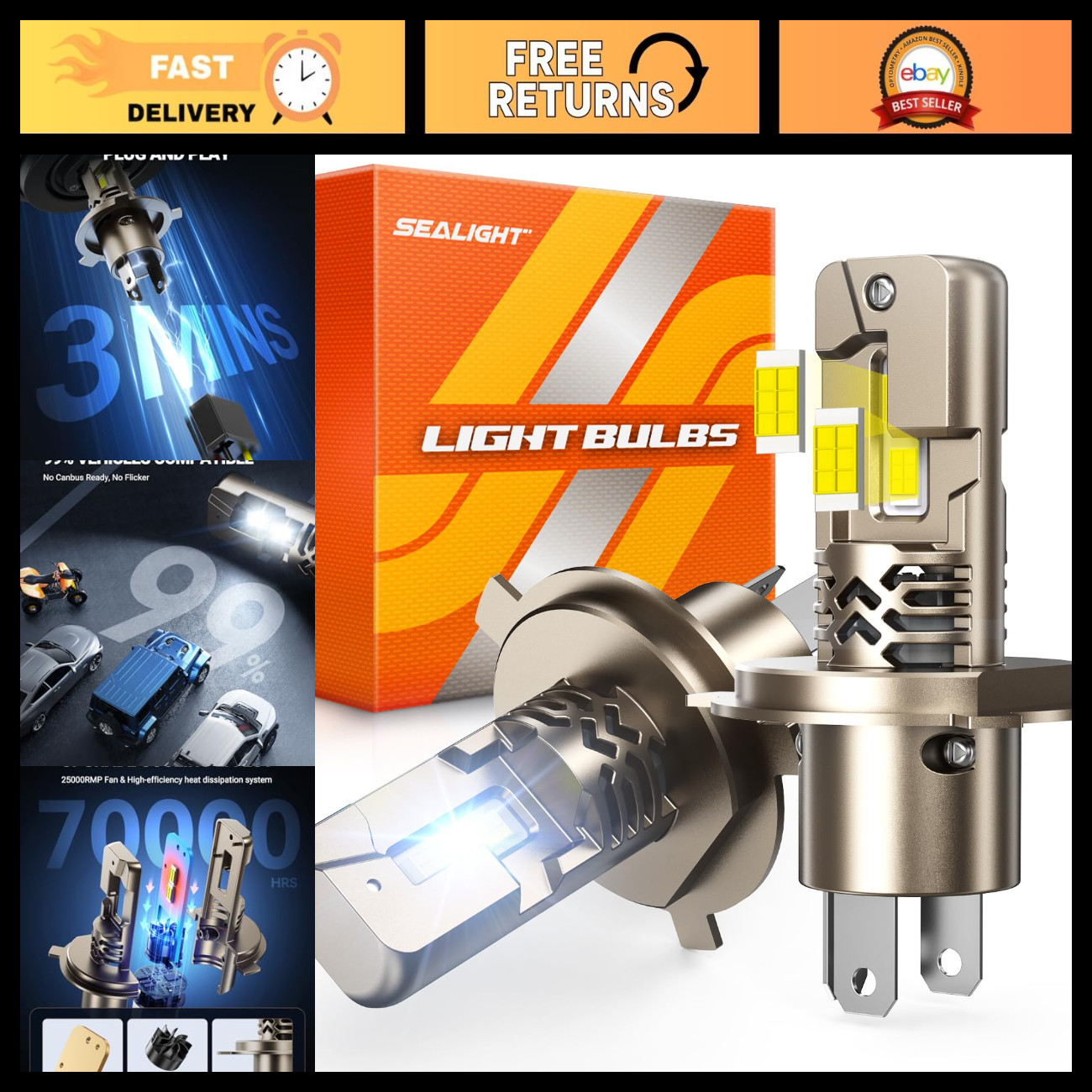 Super Bright H4 LED Bulbs 70,000LM 6500K White, Canbus Ready, Plug-N-Play, 2 Pac