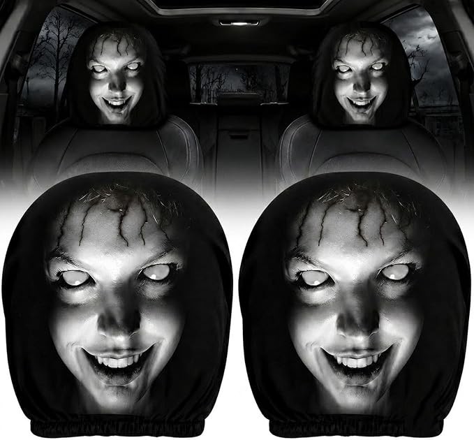 Qiieoev 2 PCS Scary Headrest Covers for Cars, Horror Face Car Black