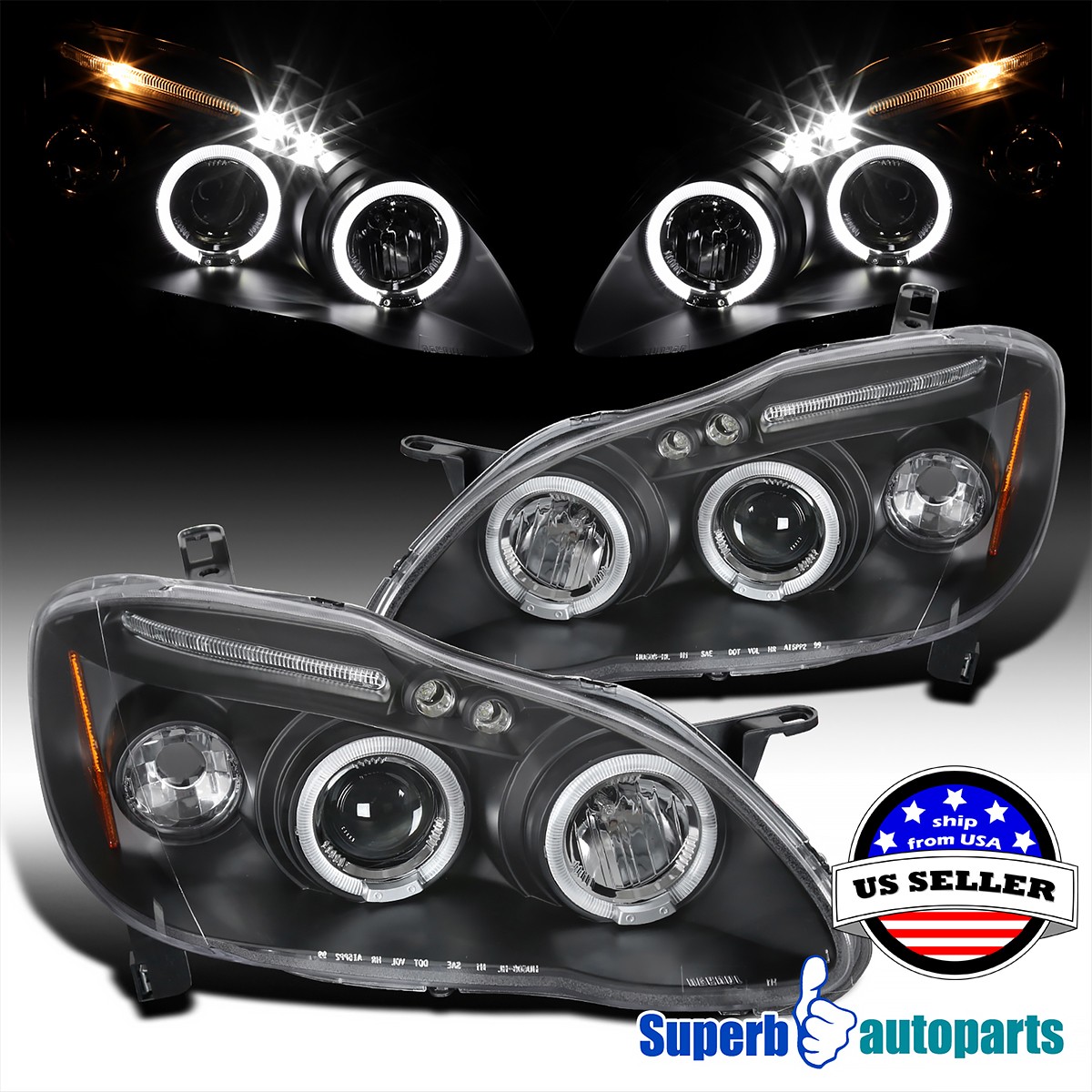 For 2003-2008 Toyota Corolla Black LED Halo Projector Headlights Lamp Left+Right