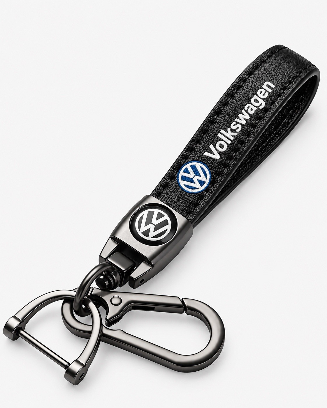 Volkswagen Genuine Leather Black Chrome Metal Ring Car Keychain
