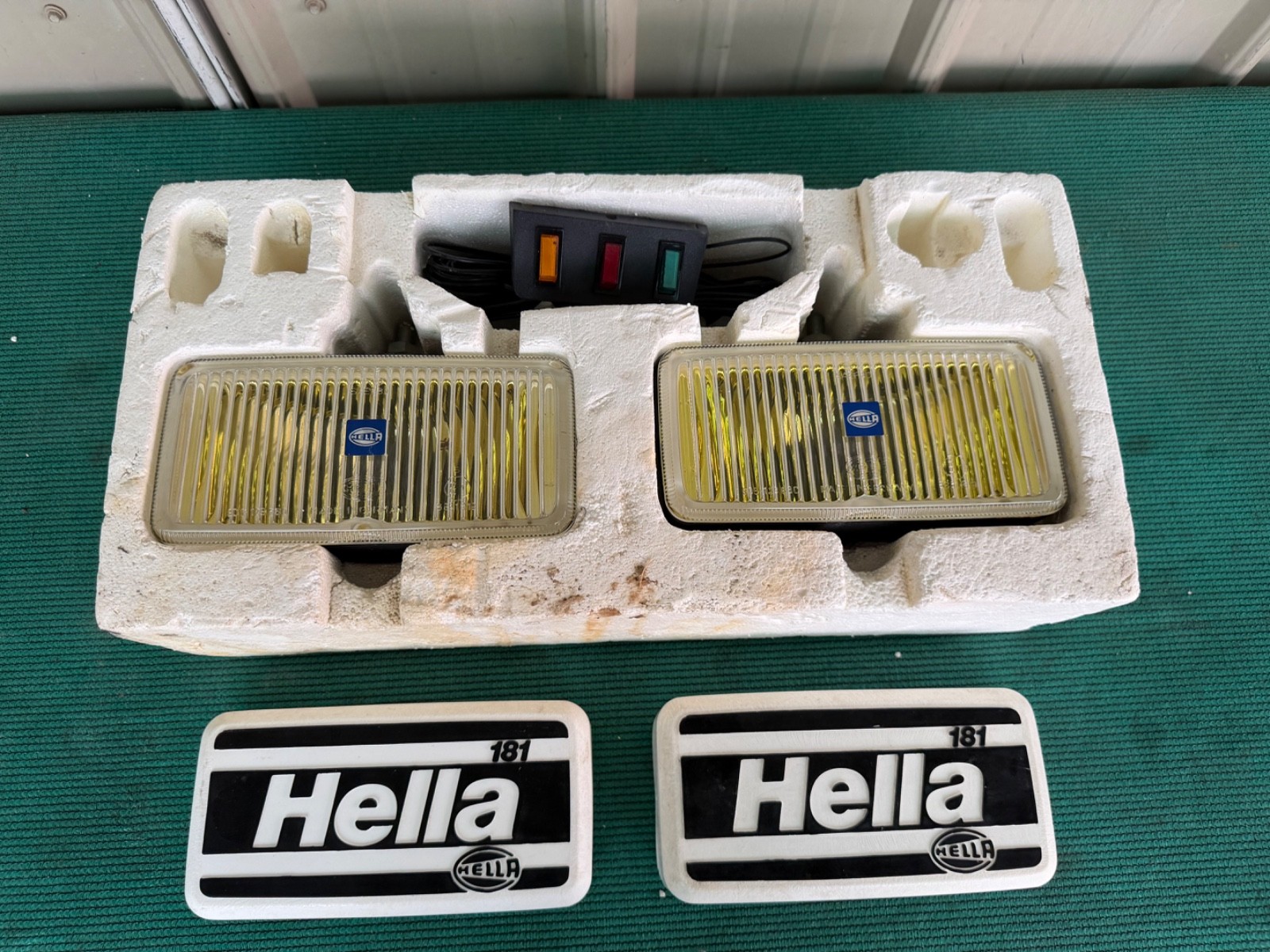 Vintage Hella 181 Halogen Yellow Fog Lamps with Covers Made in Germany