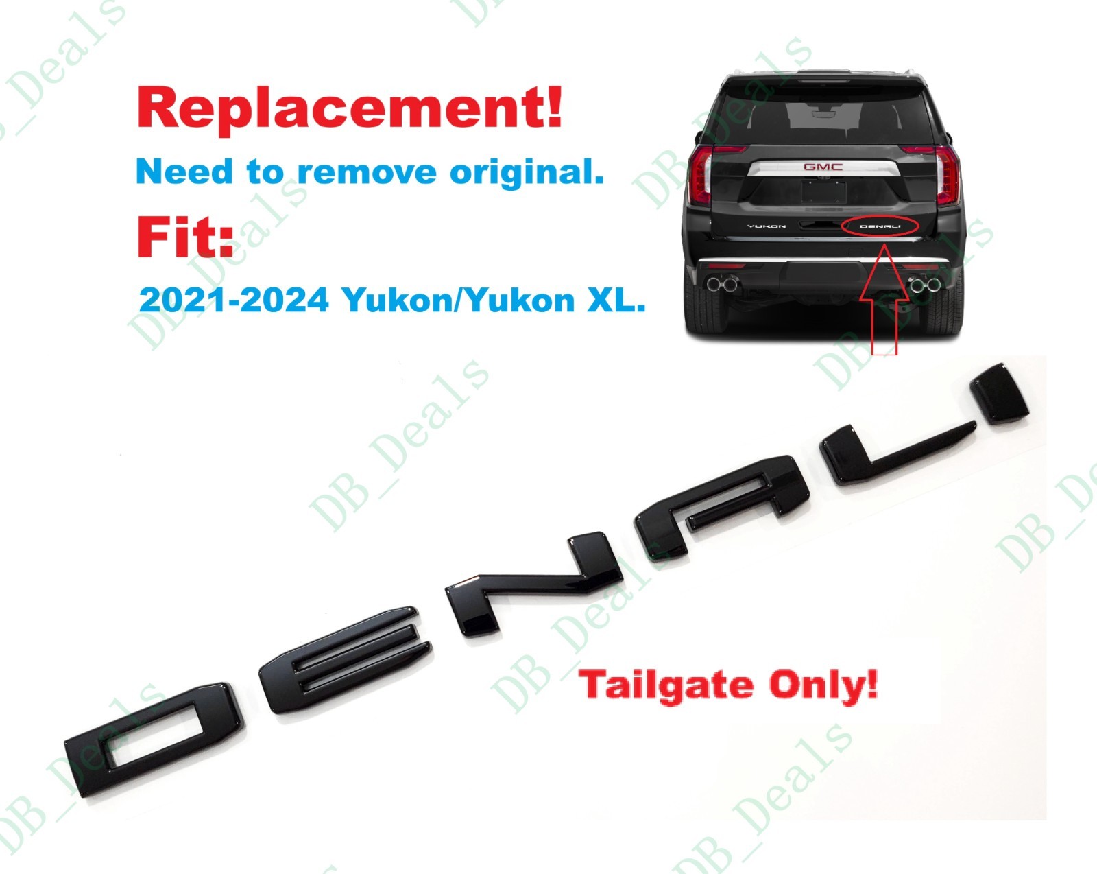 Replacement 1PC Gloss Black Rear Denali Letter Emblem 2021-2024 Yukon Yukon XL
