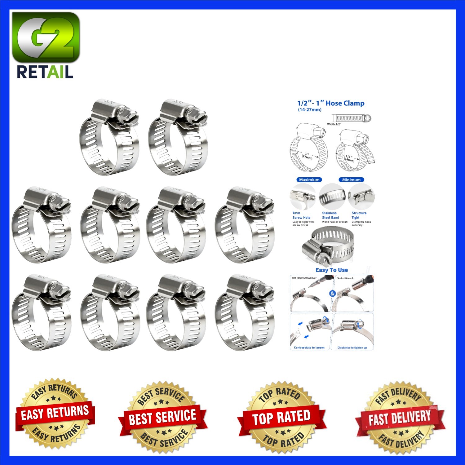 Versatile Stainless Steel Hose Clamps for 1/2 to 1 Inch Pipes - 10 Count