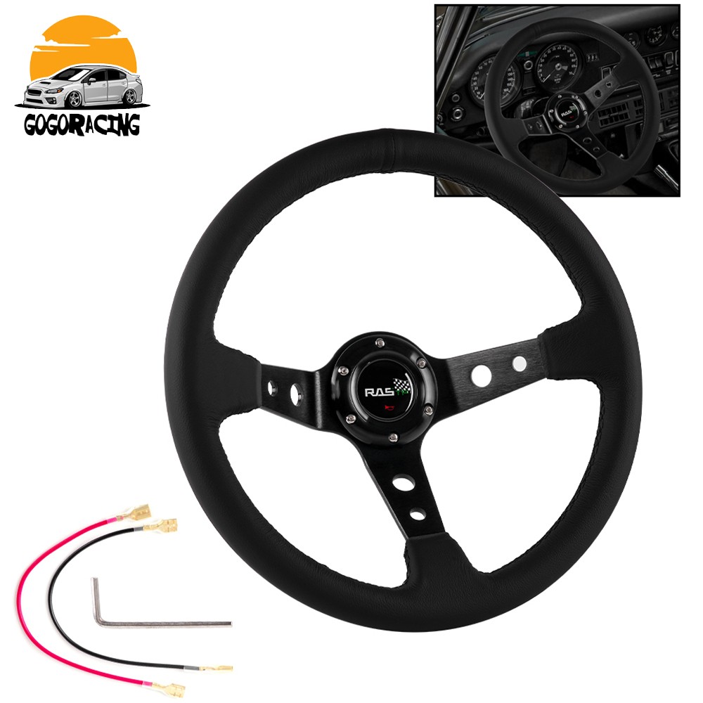BLACK 14inch 350mm Deep Dish Genuine Leather Sport Racing Steering Wheel 6 Bolts
