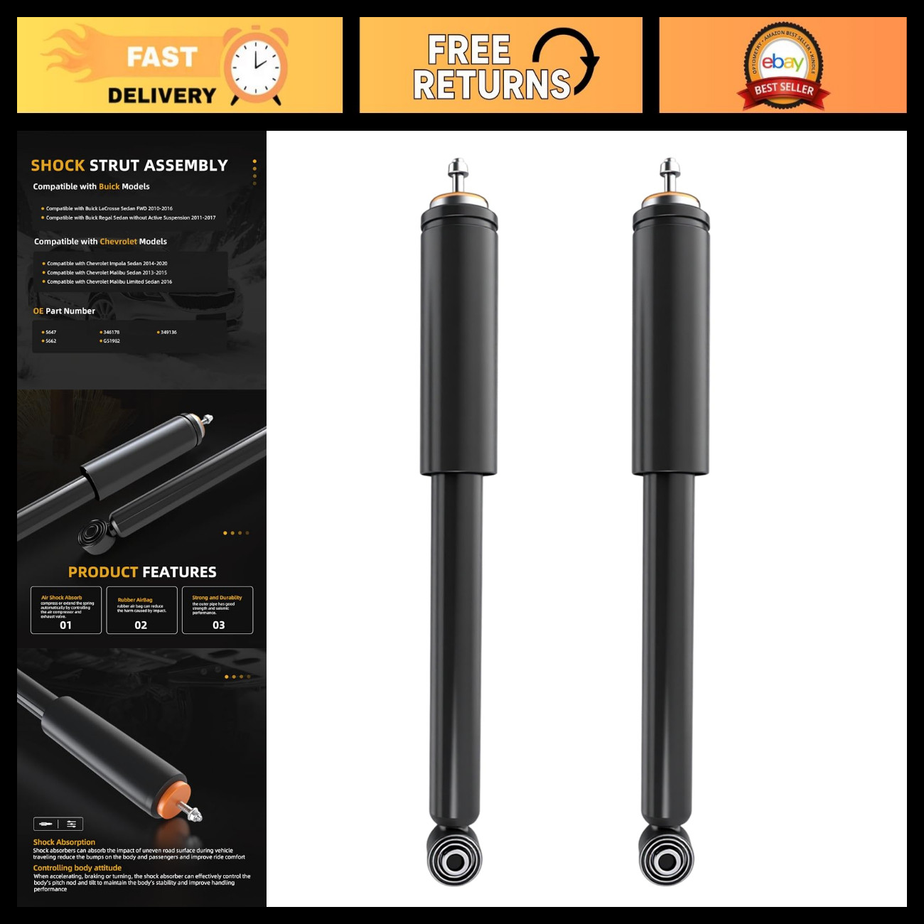 2PCS Rear Shock Absorbers Struts for 2010-2017 Buick LaCrosse Regal - High Perfo