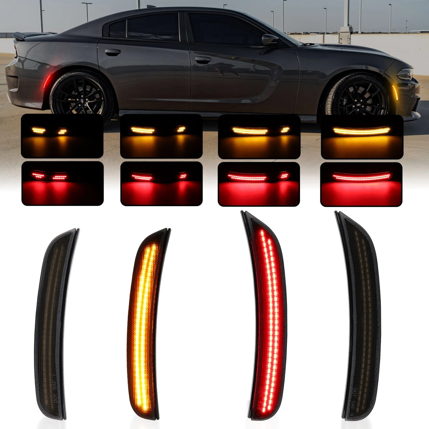 4PCS Dynamic Front Rear Smoked LED Side Marker Light For 2015-2023 Dodge Charger