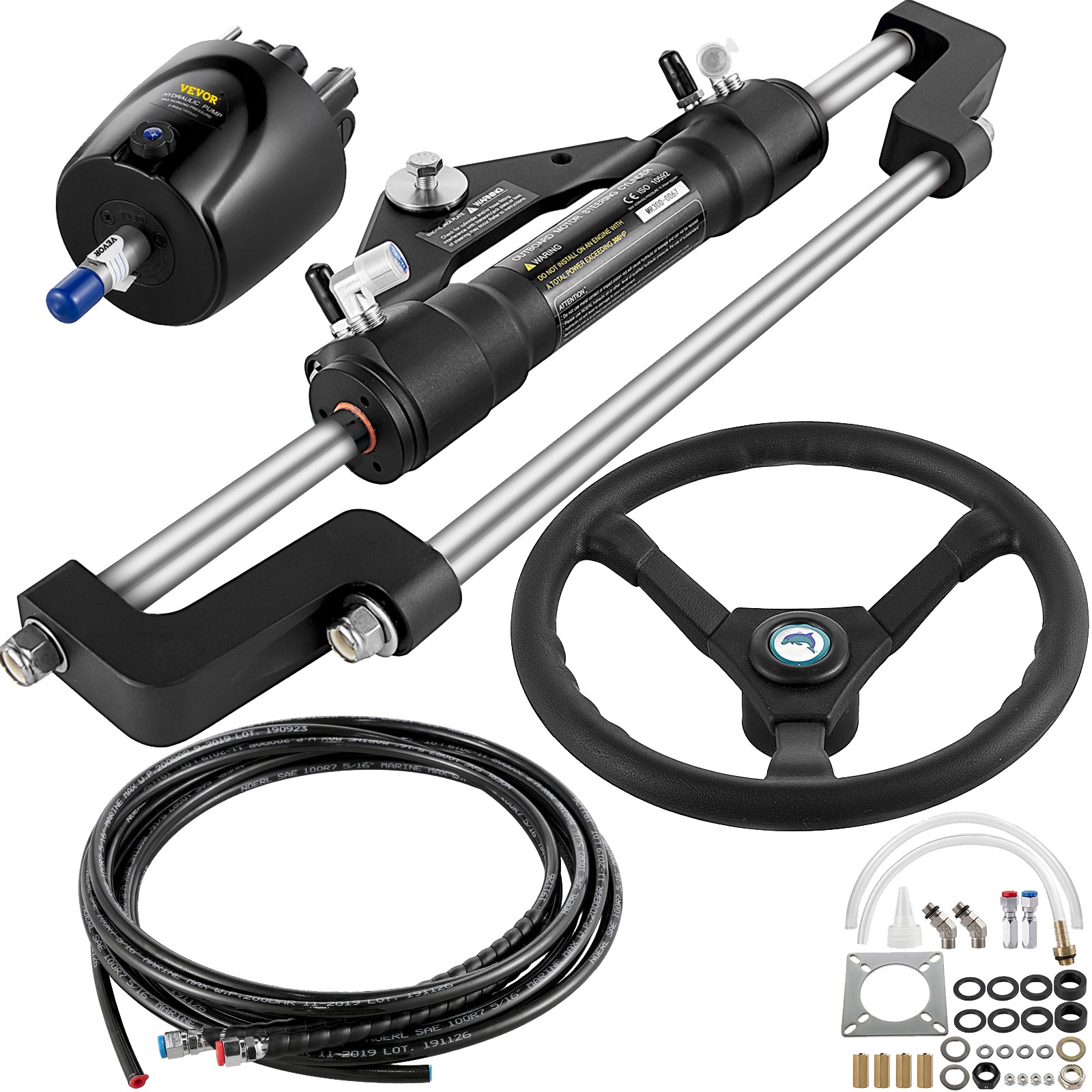 VEVOR Hydraulic Boat Steering Kit Steering, 300HP Helm Pump, Cylinder, Wheel