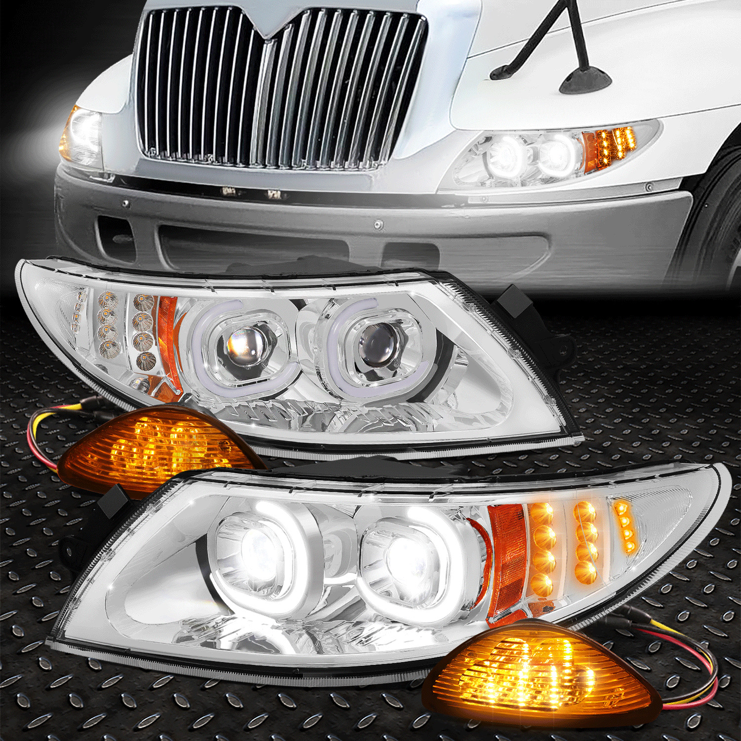 For 02-16 International 4400 8500 LED DRL Projector Headlight+Side Marker Chrome
