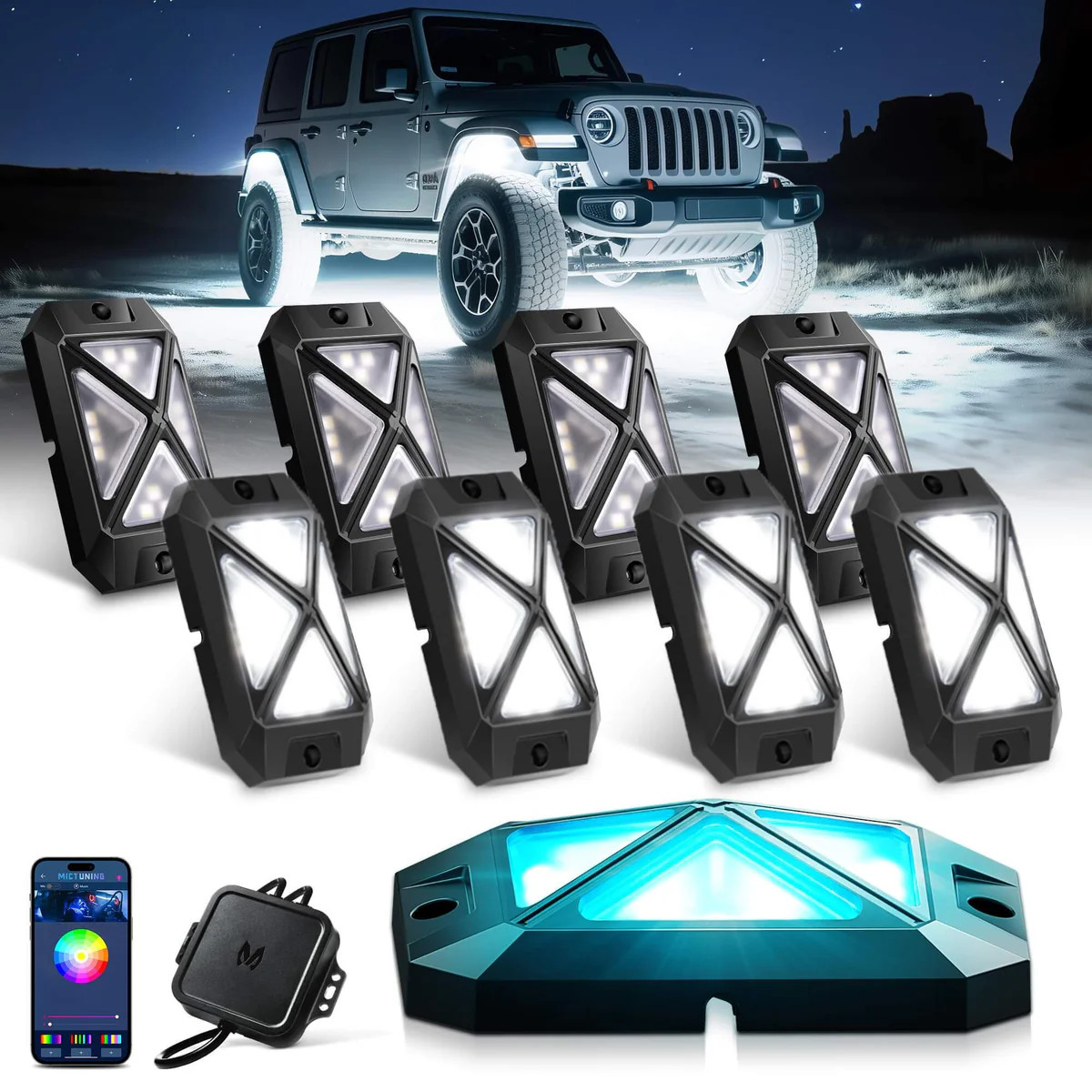 MICTUNING C4 8 Pods RGBW LED Rock Light, Turck Underglow Neon Lighting Kit 6000K