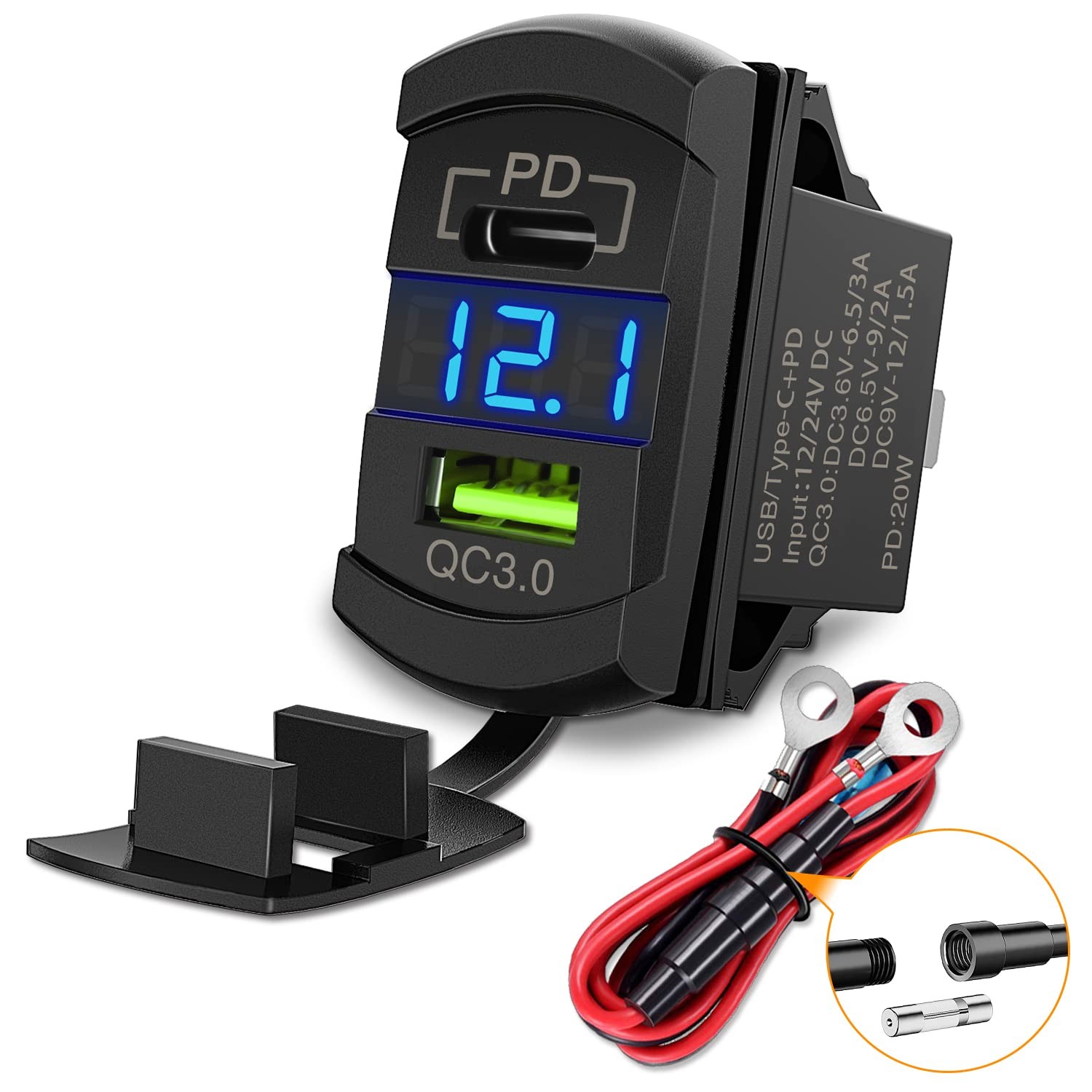 Nilight Rocker Switch Style PD Type C and USB C + Voltmeter Blue Nilight Rocker Switch Style PD Type C and USB C + Voltmeter Blue