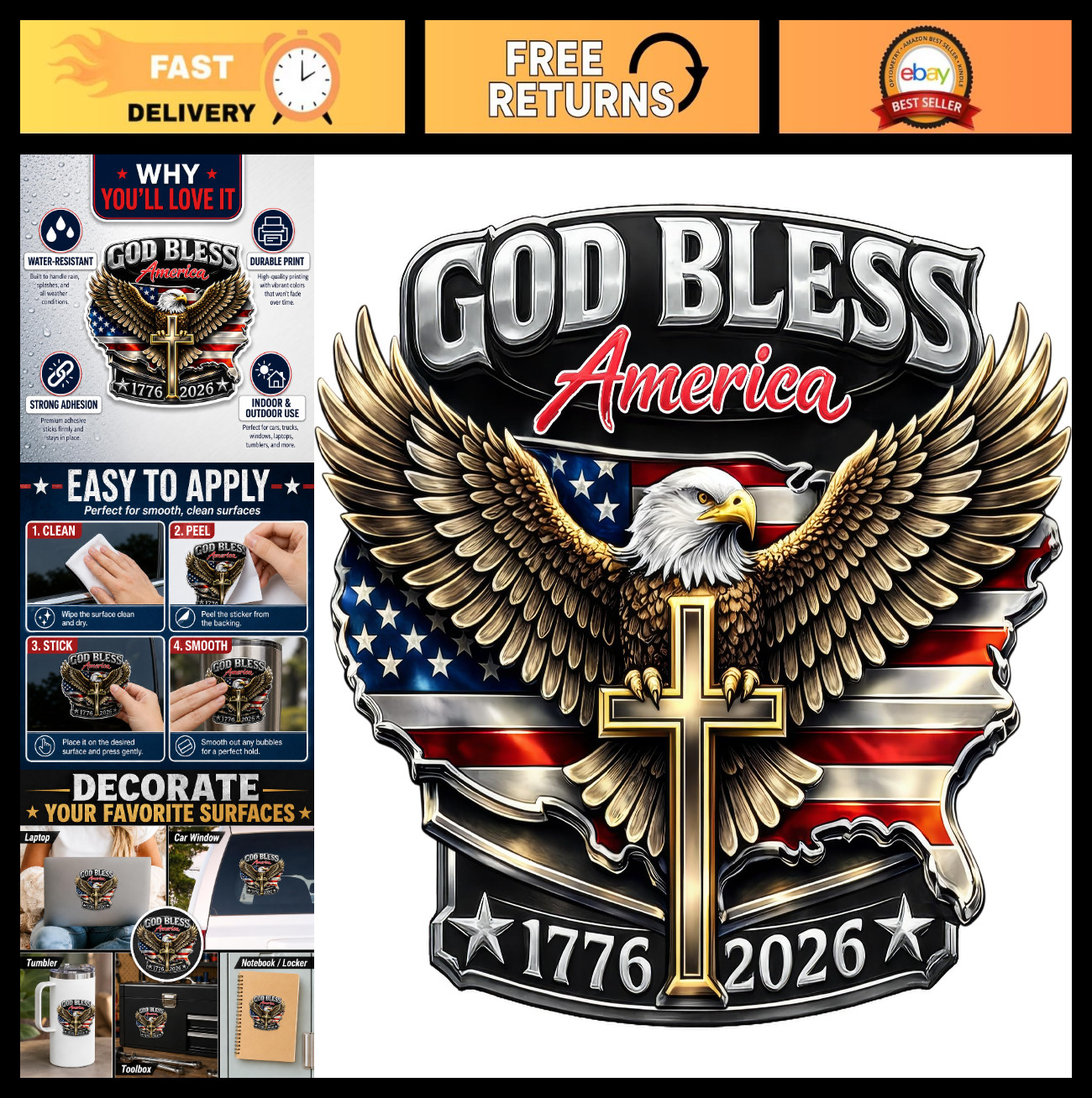 2pcs 250th Anniversary USA Stickers - Patriotic American Flag Bumper Decals