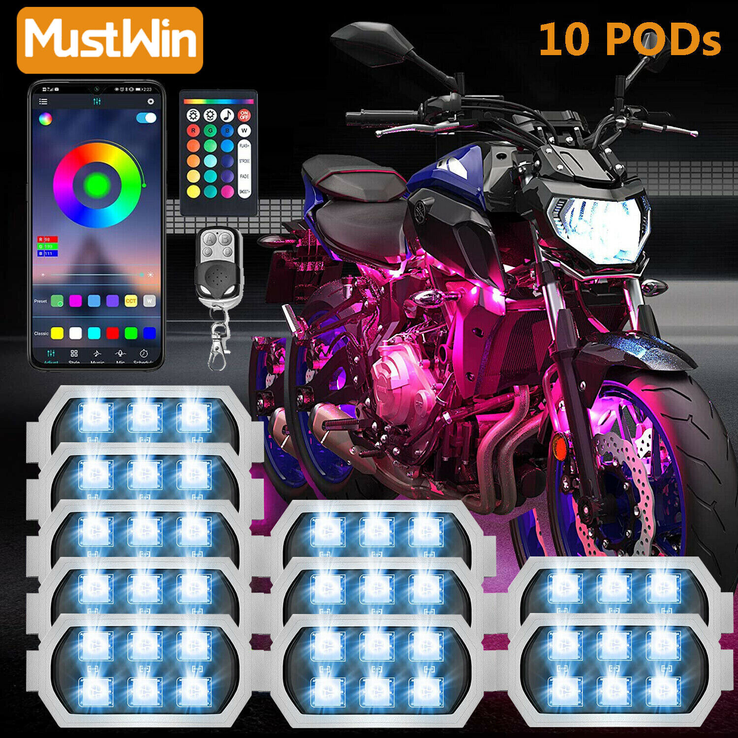 10 Pods RGB LED Rock Lights for Motorcycle Underglow Light Kit with APP Control