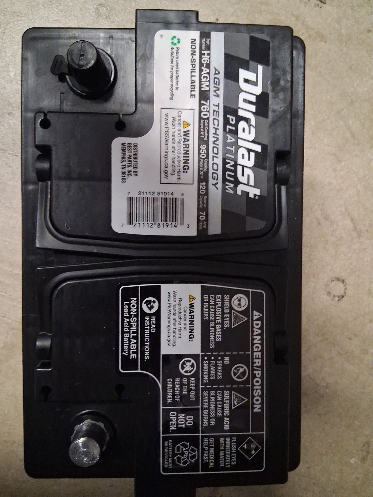 Duralast Platinum AGM Battery H6 760 CCA 950 CA 120 Minute Reserve Part # H6-AGM Duralast Platinum AGM Battery H6 760 CCA 950 CA 120 Minute Reserve Part # H6-AGM