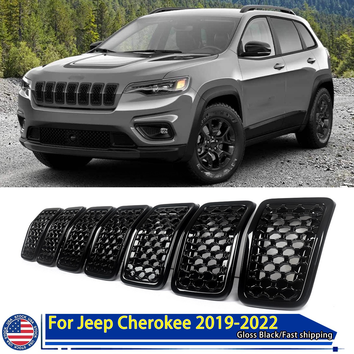 Gloss Black Front Grille Hood Insert For 2019-2022 Jeep Cherokee Honeycomb Mesh