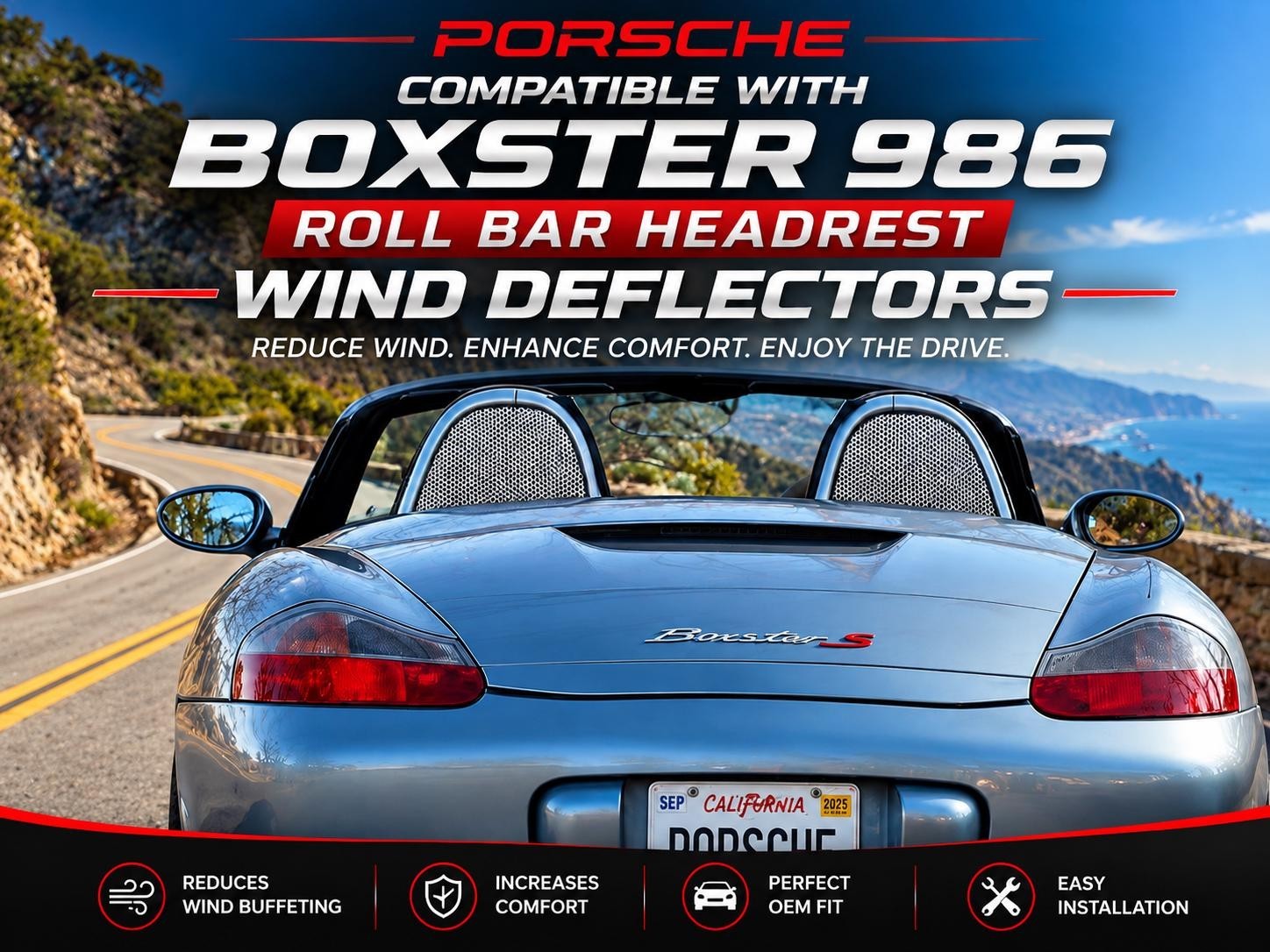 Porsche Boxster 986 Compatible Roll Bar Headrest Wind Deflector Left & Right Set