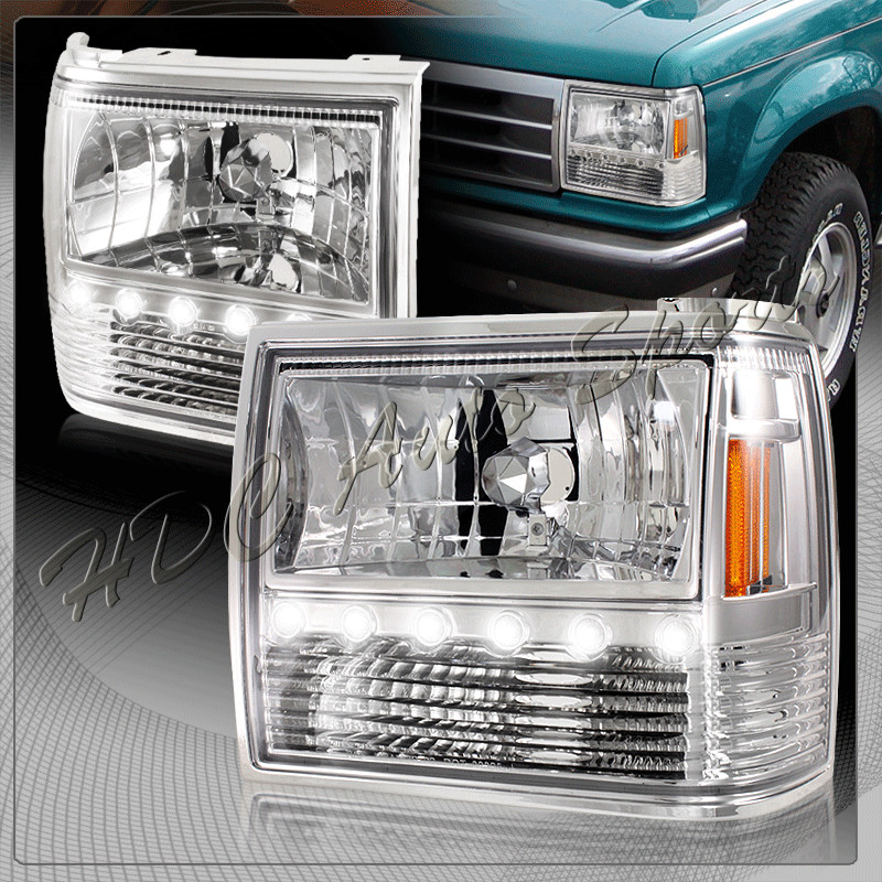 For 1989-1992 Ford Ranger Chrome Housing 1-Piece LED HeadLights+Bumper+Corner